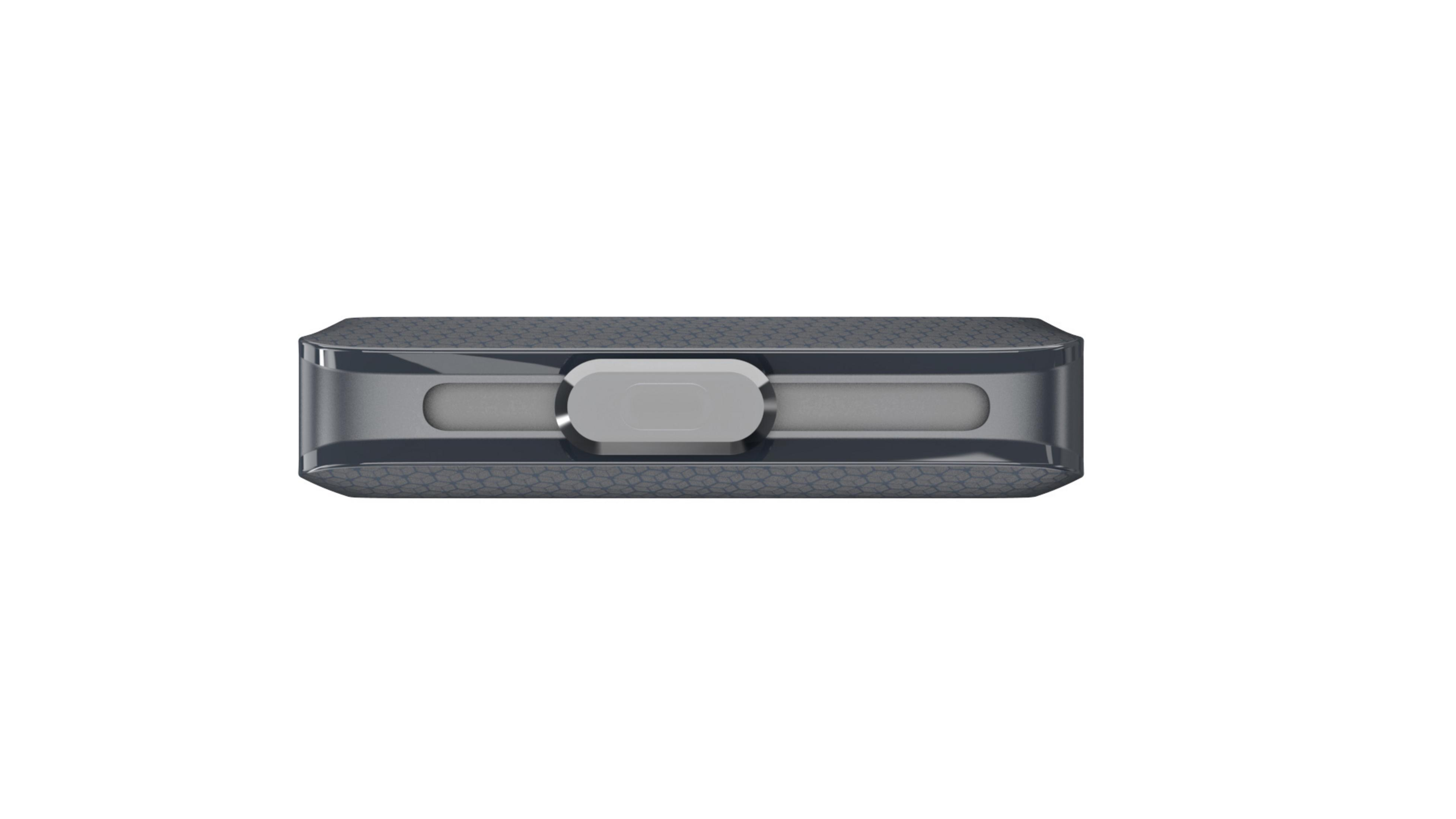 A dark gray rectangular device, possibly a phone, with a small white button on its side.