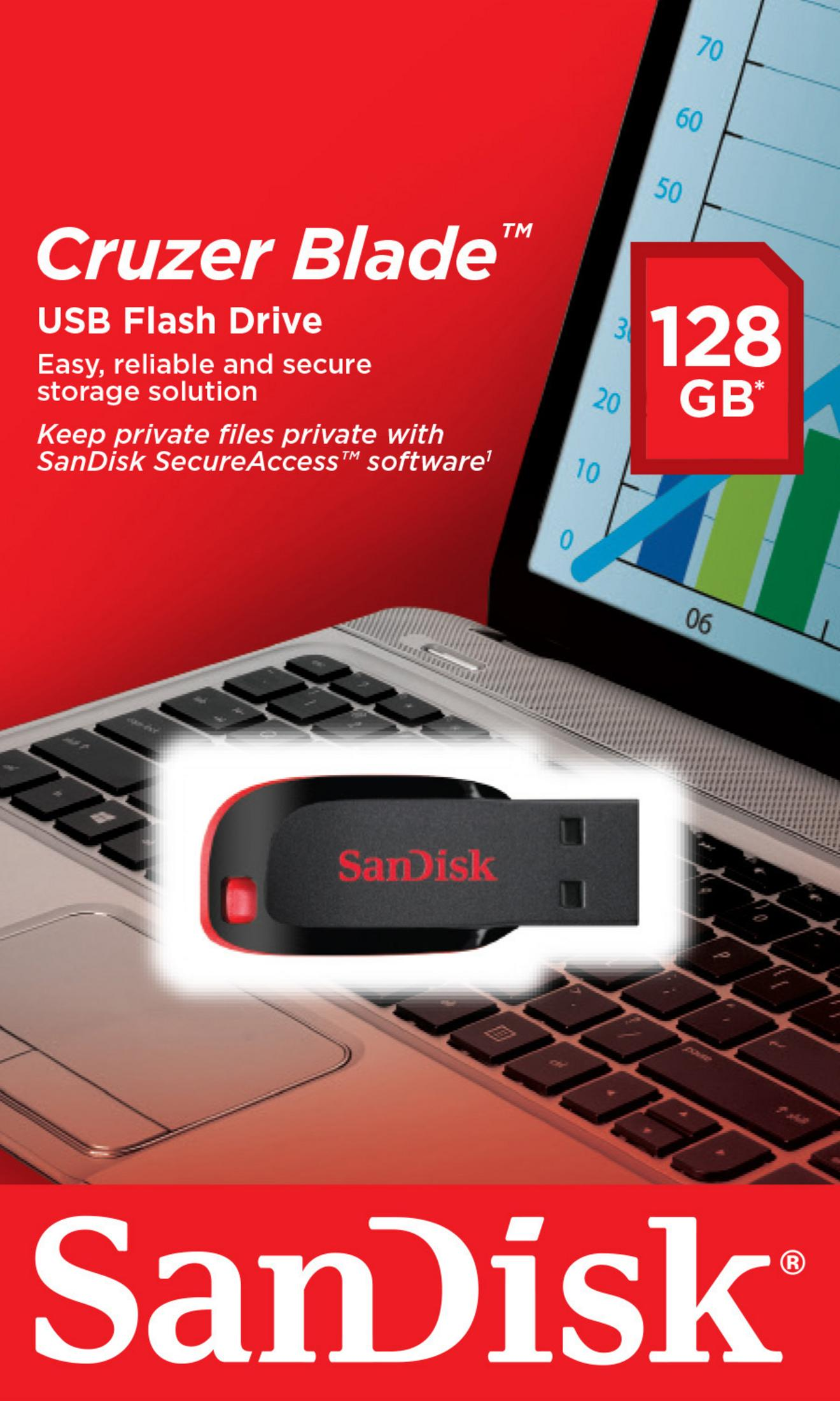 A SanDisk Cruzer Blade USB flash drive with a red and black design is shown with a laptop.