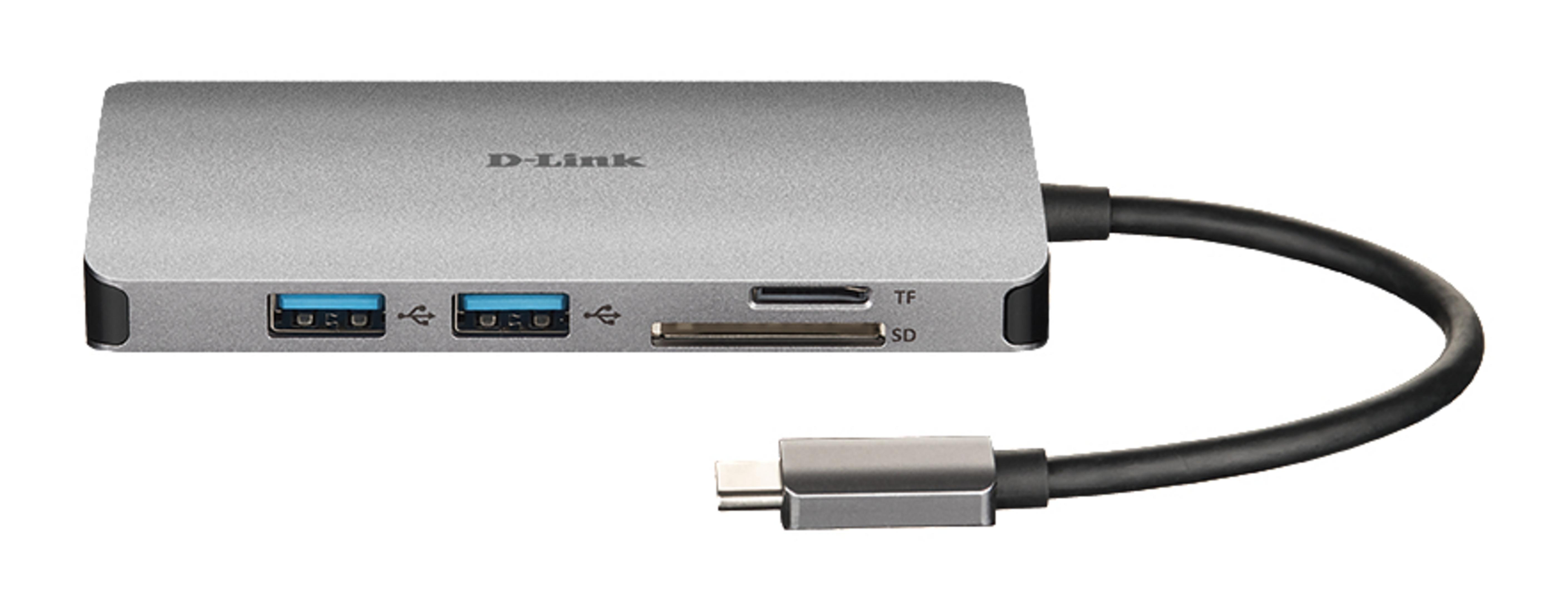 Srebrny hub USB D-Link z wieloma portami i kablem USB-C, na białym tle.