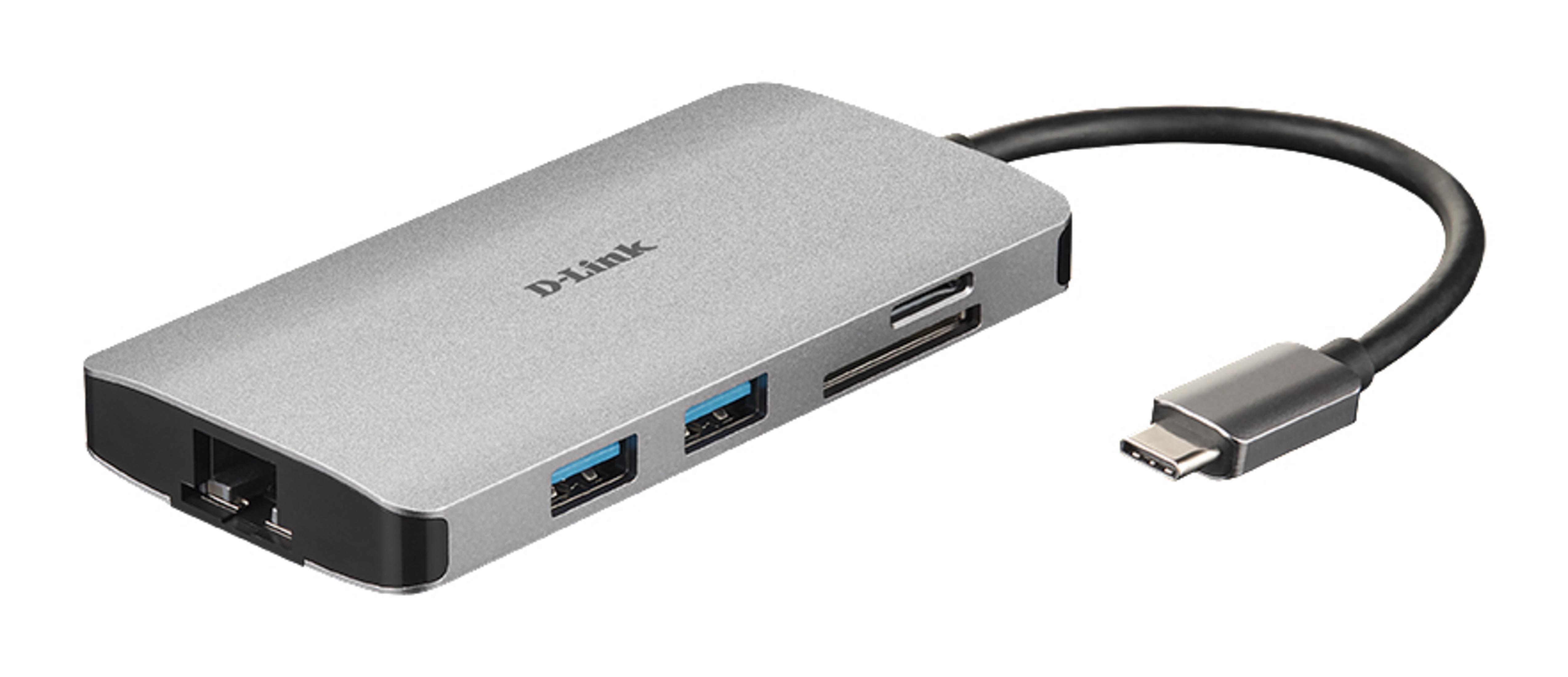 Srebrny hub D-Link z czarnym kablem i złączem USB-C. Posiada porty USB i kart SD.