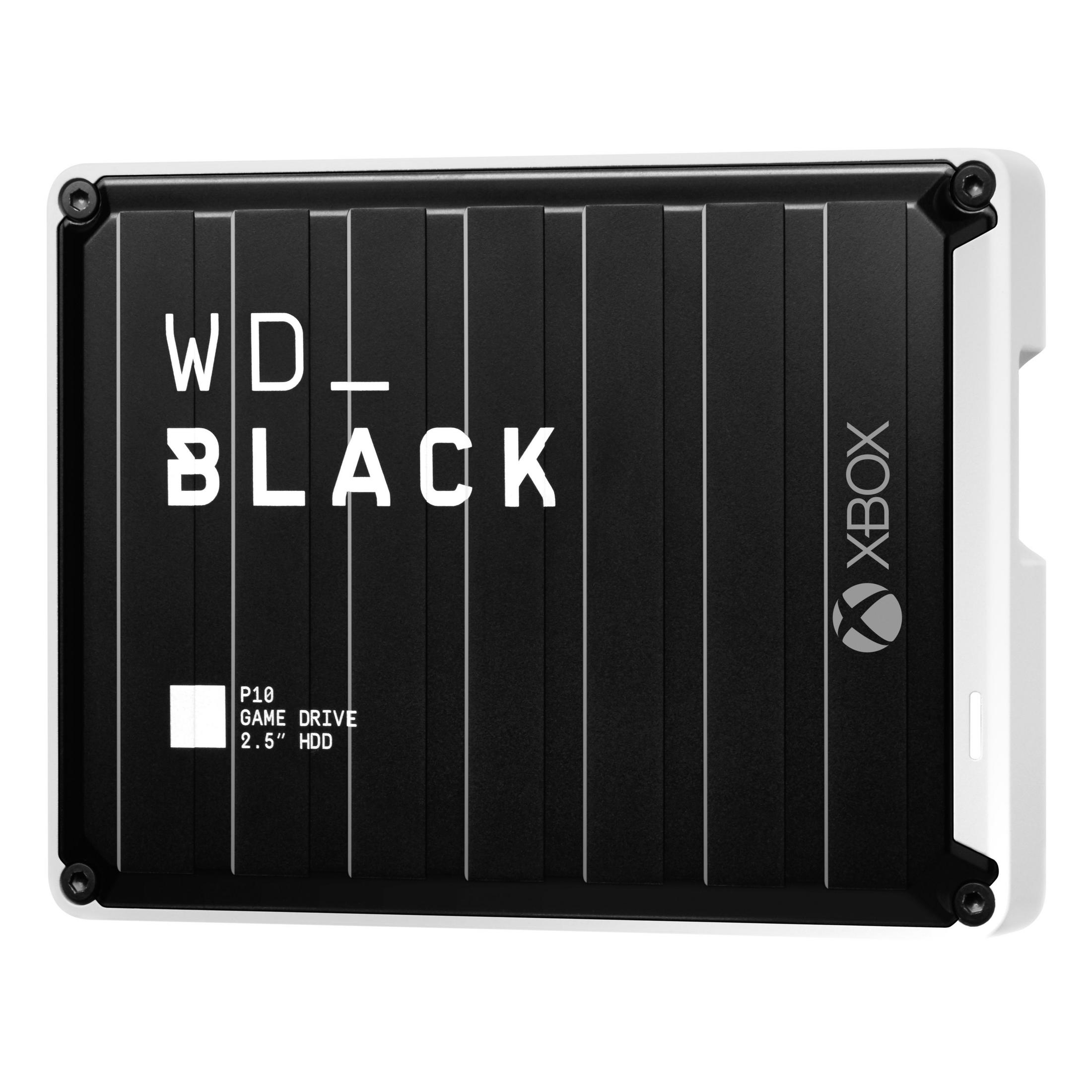 Czarny i biały zewnętrzny dysk twardy WD_BLACK Xbox. Tekst mówi WD_BLACK i XBOX.