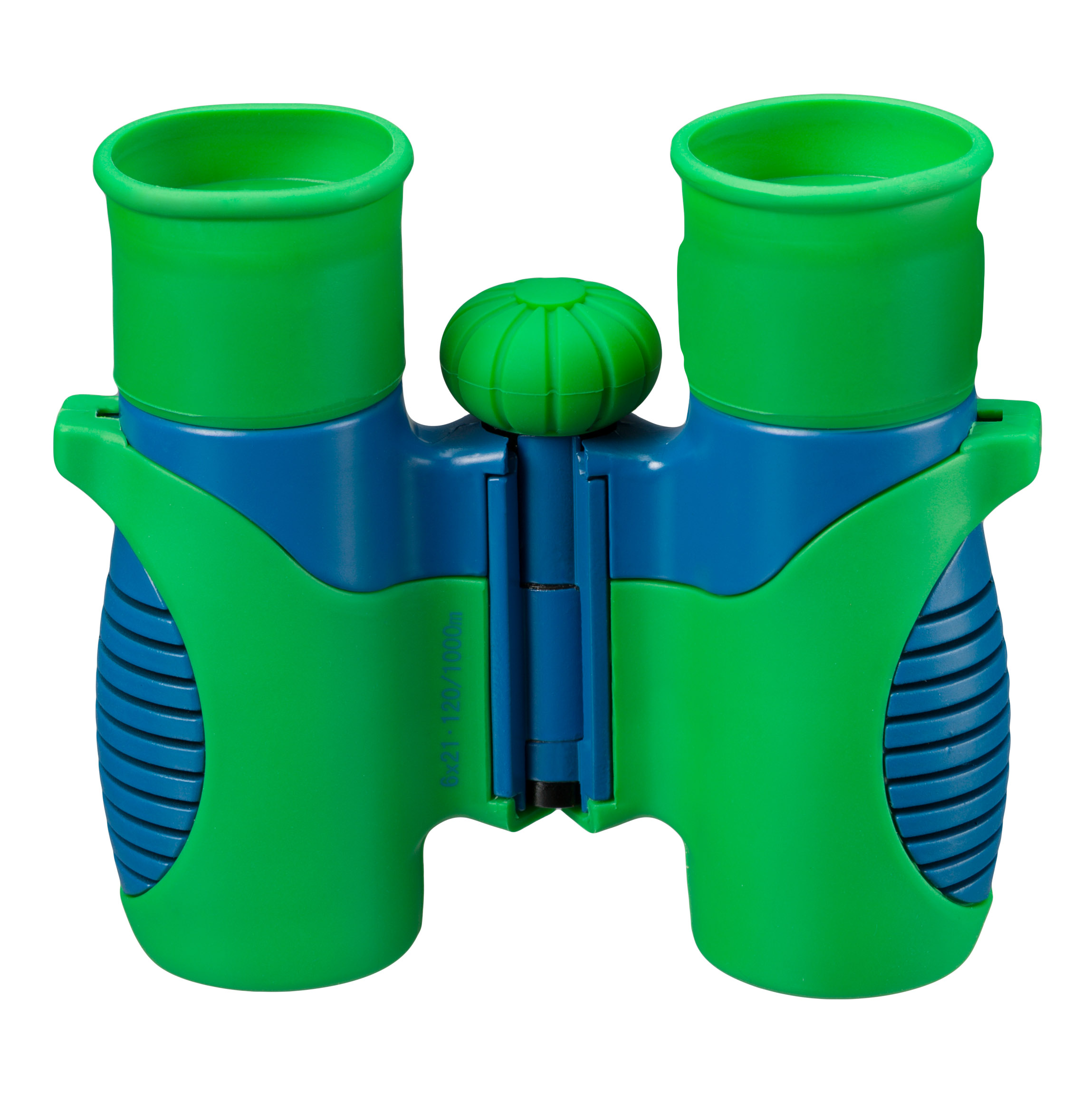 Prismáticos de juguete verdes y azules sobre fondo blanco.