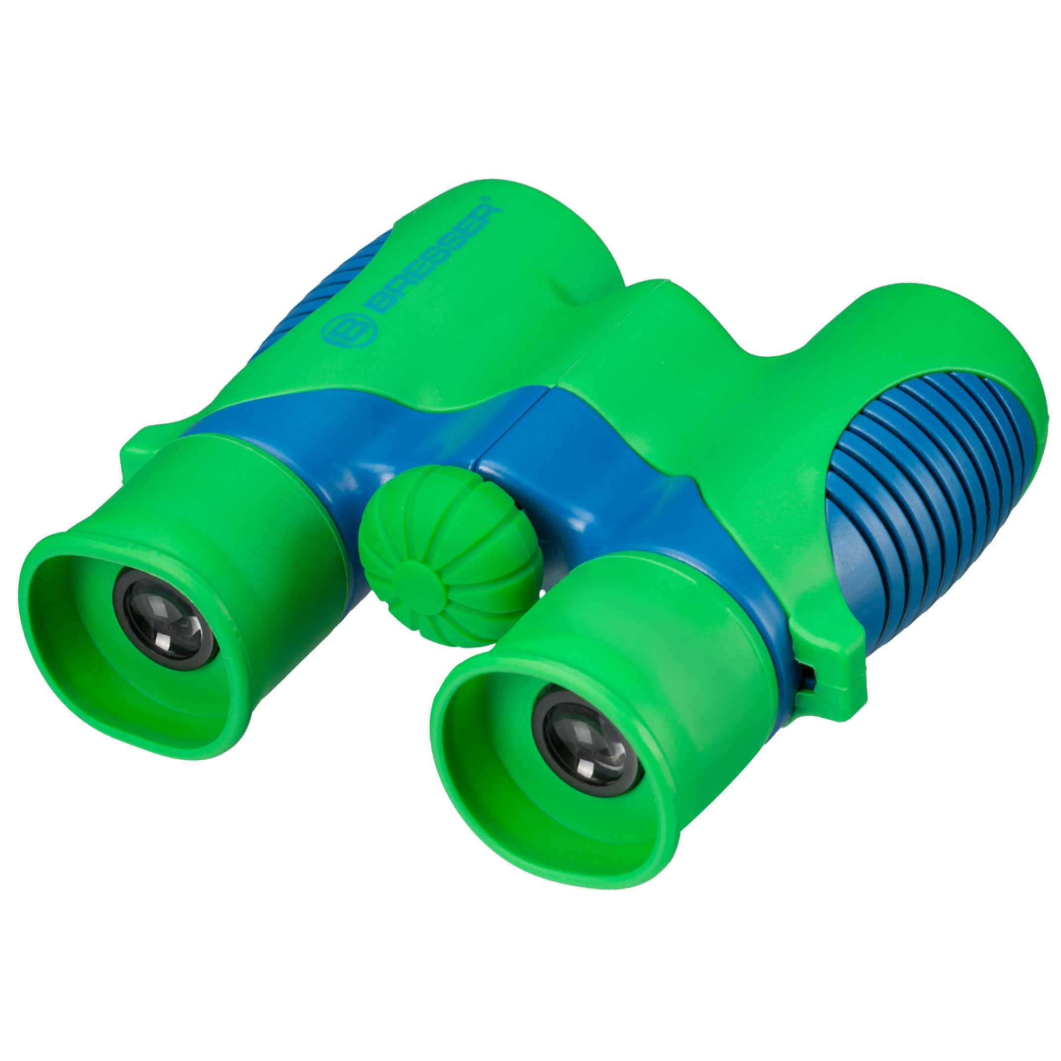 Prismáticos verdes y azules. Rueda de enfoque y cubiertas de lente visibles.