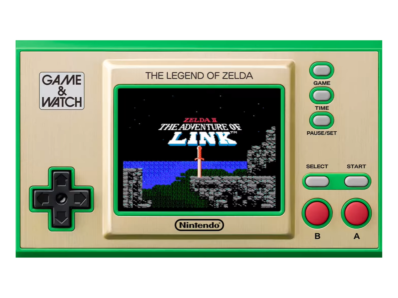 Una console portatile Game & Watch che gioca a The Legend of Zelda su sfondo nero.