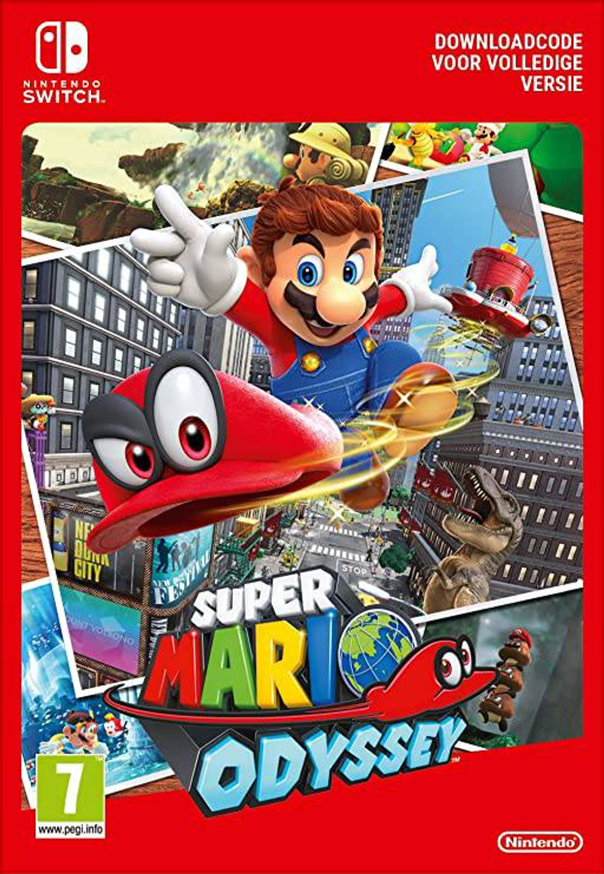 Caja del juego Super Mario Odyssey, con Mario saltando y un paisaje urbano de fondo.