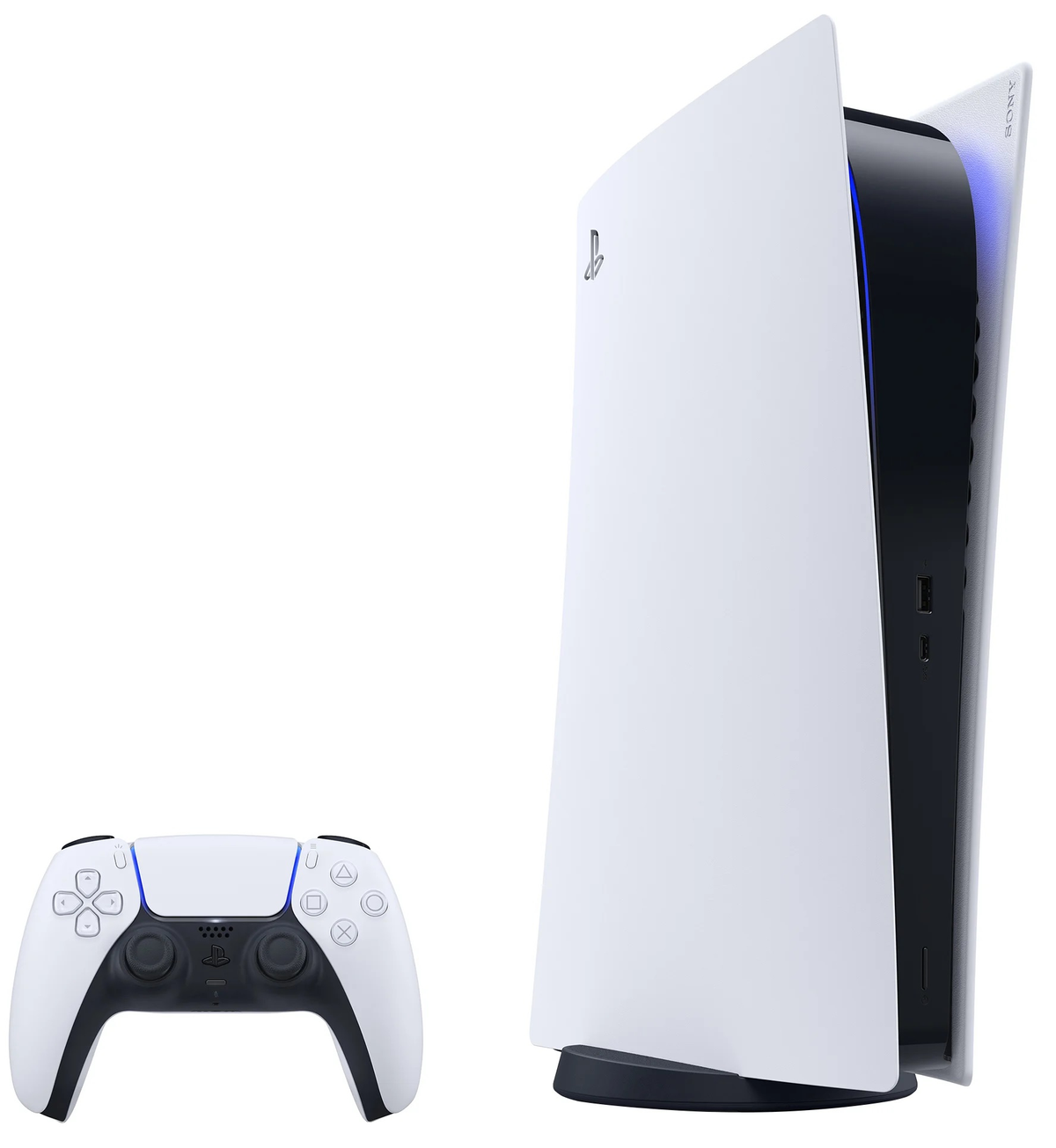A white PS5 console and controller.