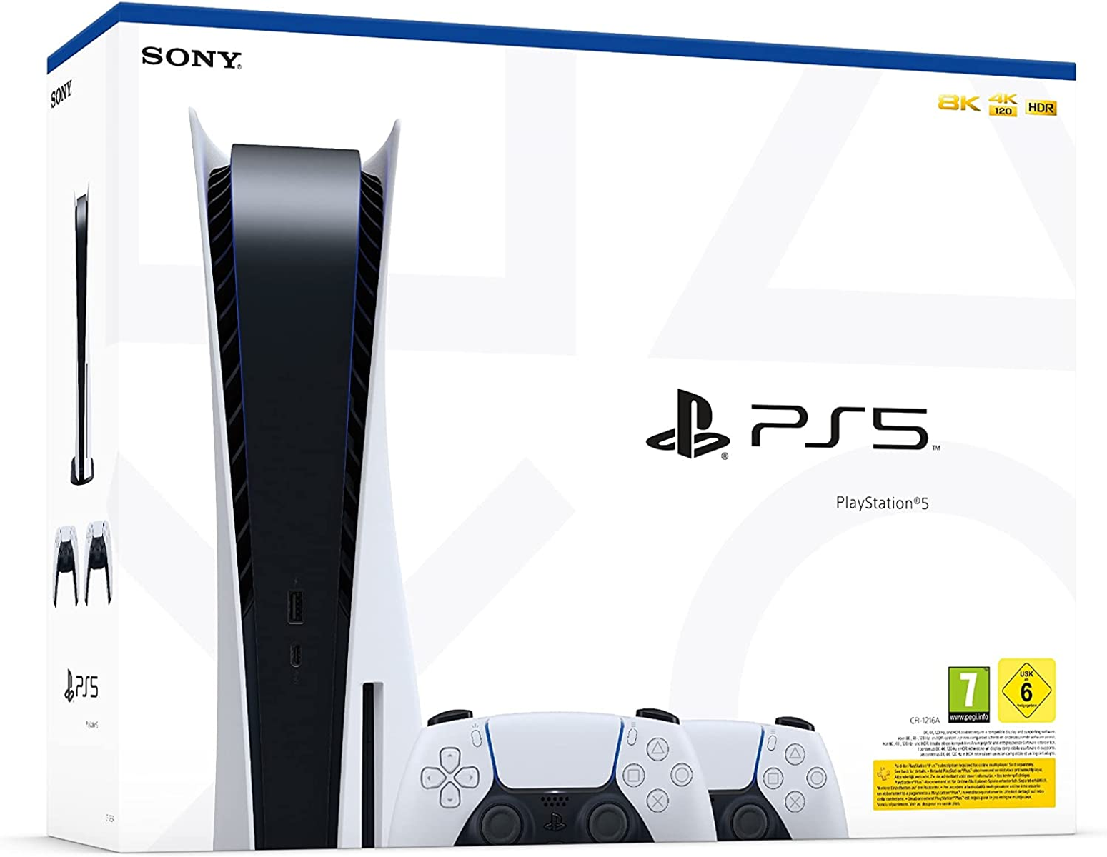 Weiße PS5-Konsolenbox mit Controllern. Enthält PS5-Logo und Konsolenbild.