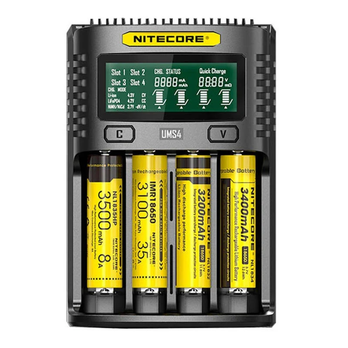 Schwarzes Ladegerät mit 4 Batterien, Digitalanzeige mit Ladestatus und mAh.
