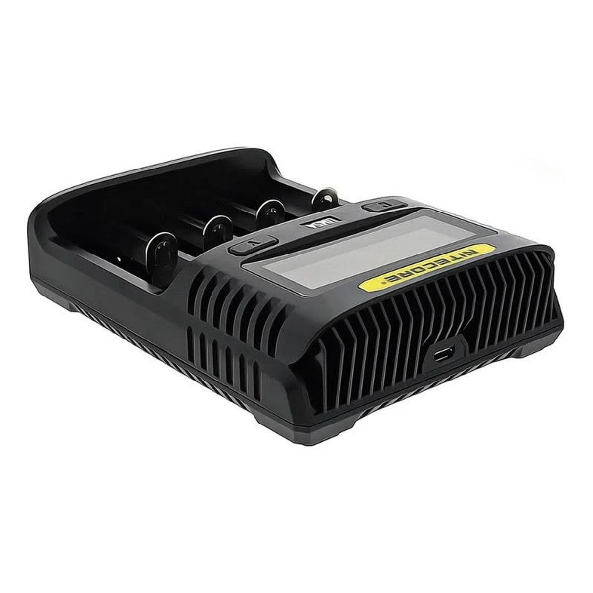 Schwarzes Batterieladegerät mit Bildschirm und Ladeschlitzen, mit gelbem Logo.