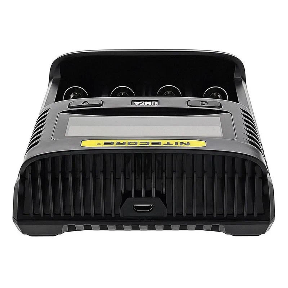 Ein schwarzes Batterieladegerät mit Bildschirm und dem Markennamen NITECORE. Es hat einen USB-Anschluss.