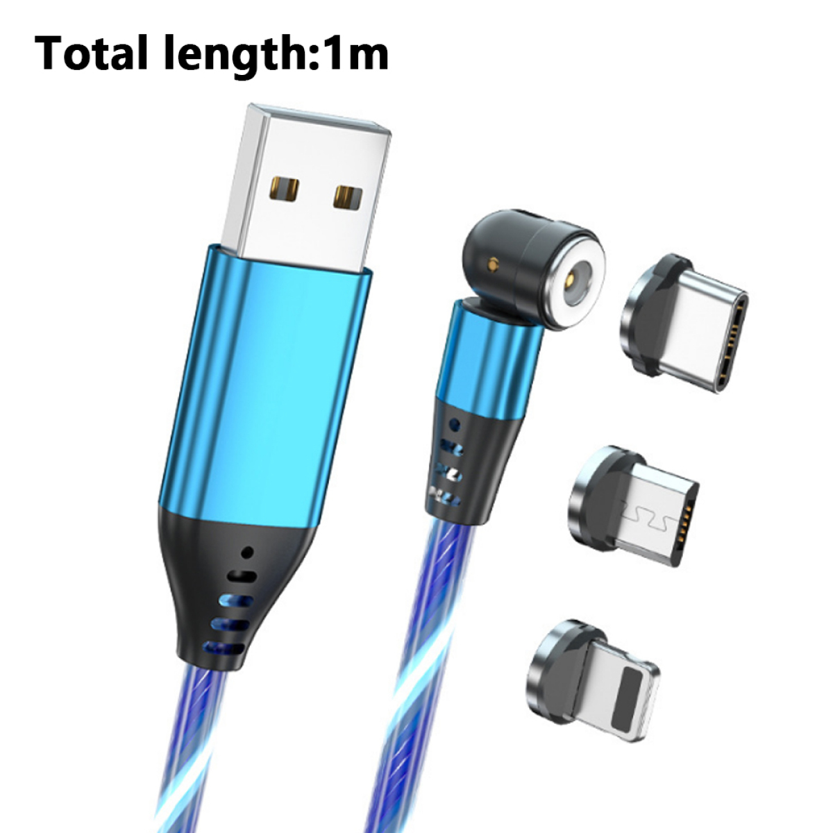 Blaues USB-Kabel mit USB-A-Anschluss, einem magnetischen Ende und drei verschiedenen magnetischen Adaptern.