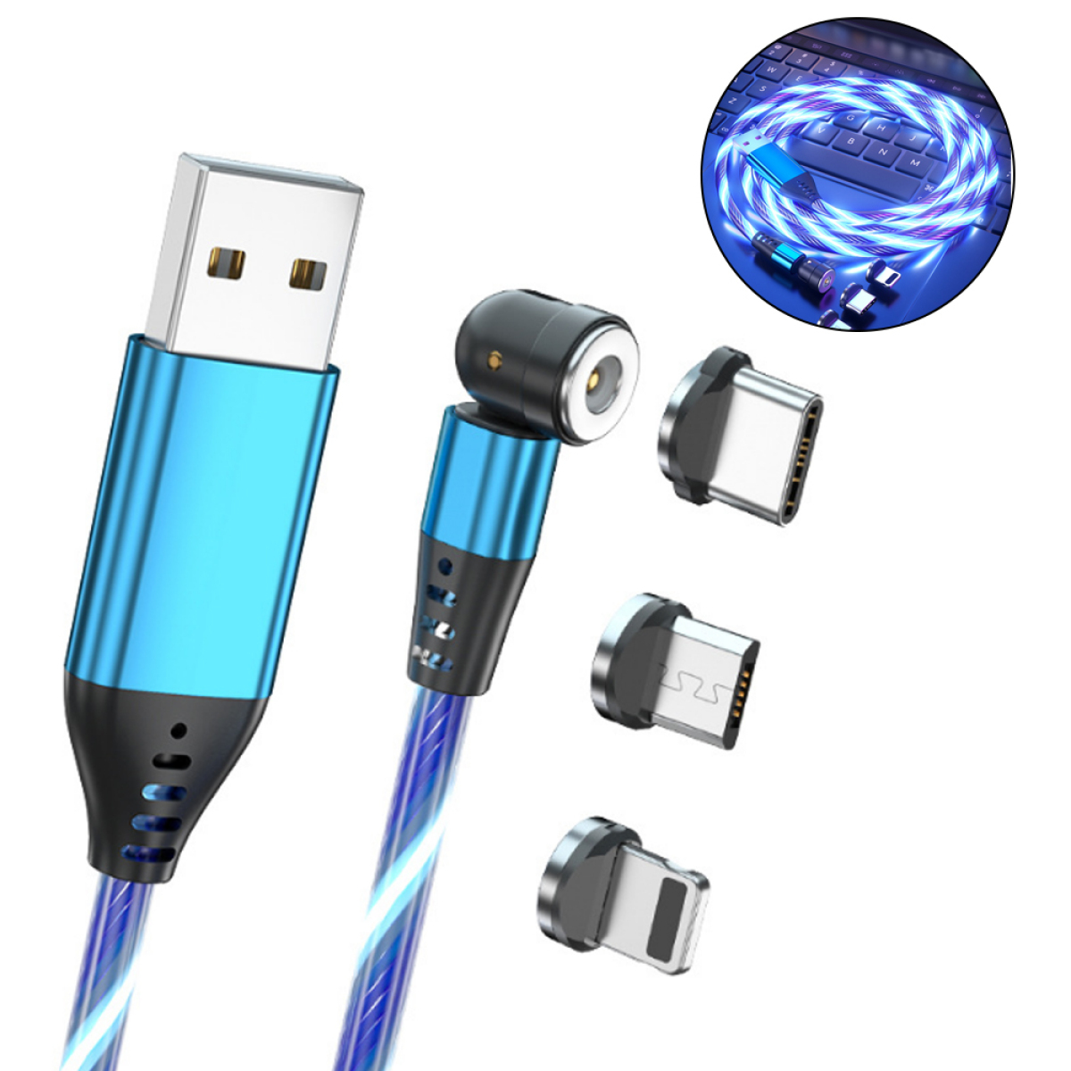 Blaues USB-Kabel mit Magnetanschlüssen. Das Kabel hat einen Leuchteffekt.