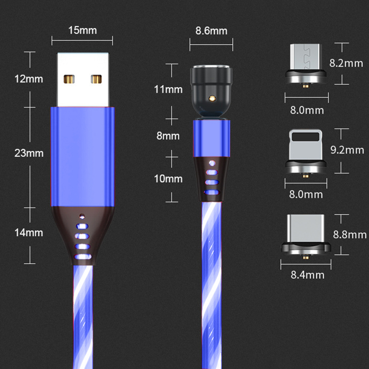 Ein blau-weißes Ladekabel mit Magnetanschlüssen. Messungen sind sichtbar.