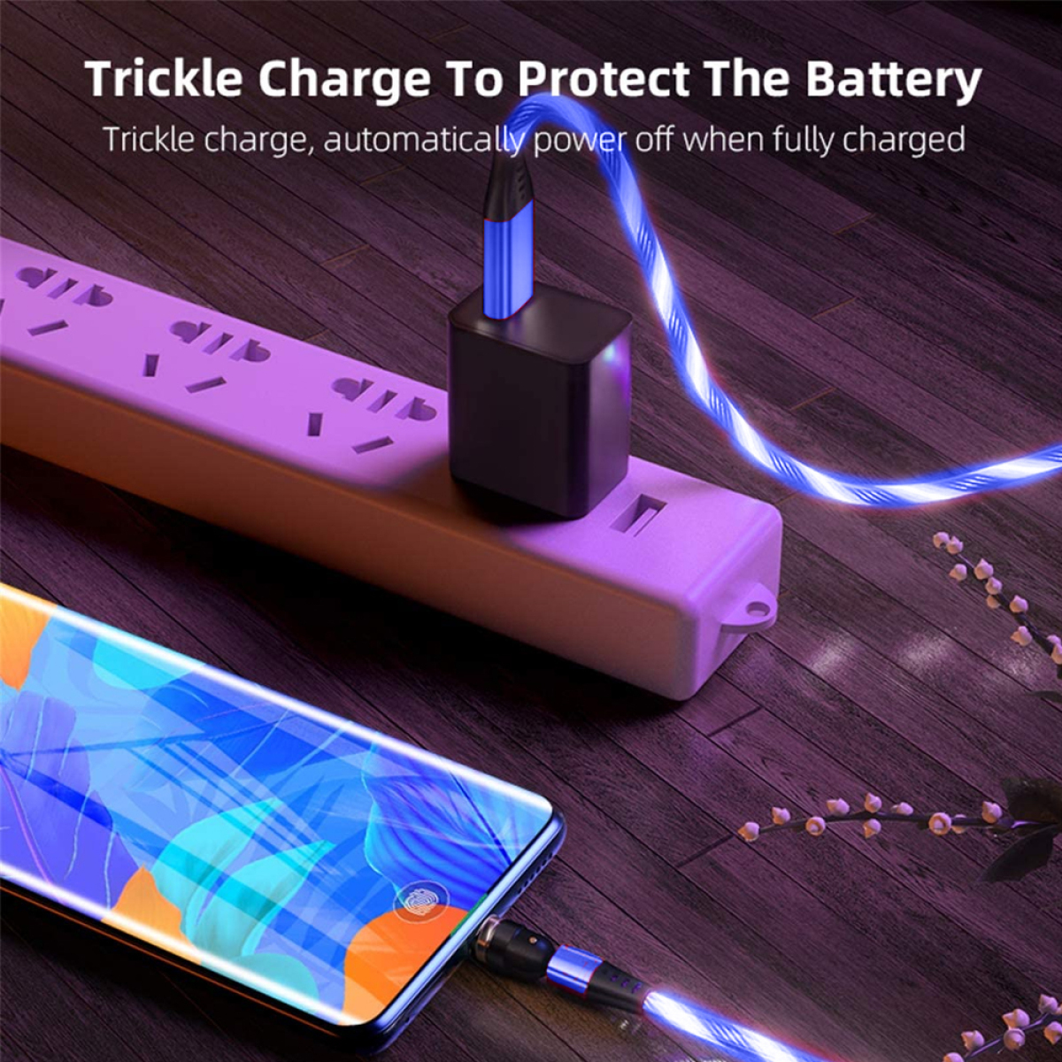 Telefon, das mit einem blau leuchtenden Kabel geladen wird, das in eine lila Steckdosenleiste eingesteckt ist.