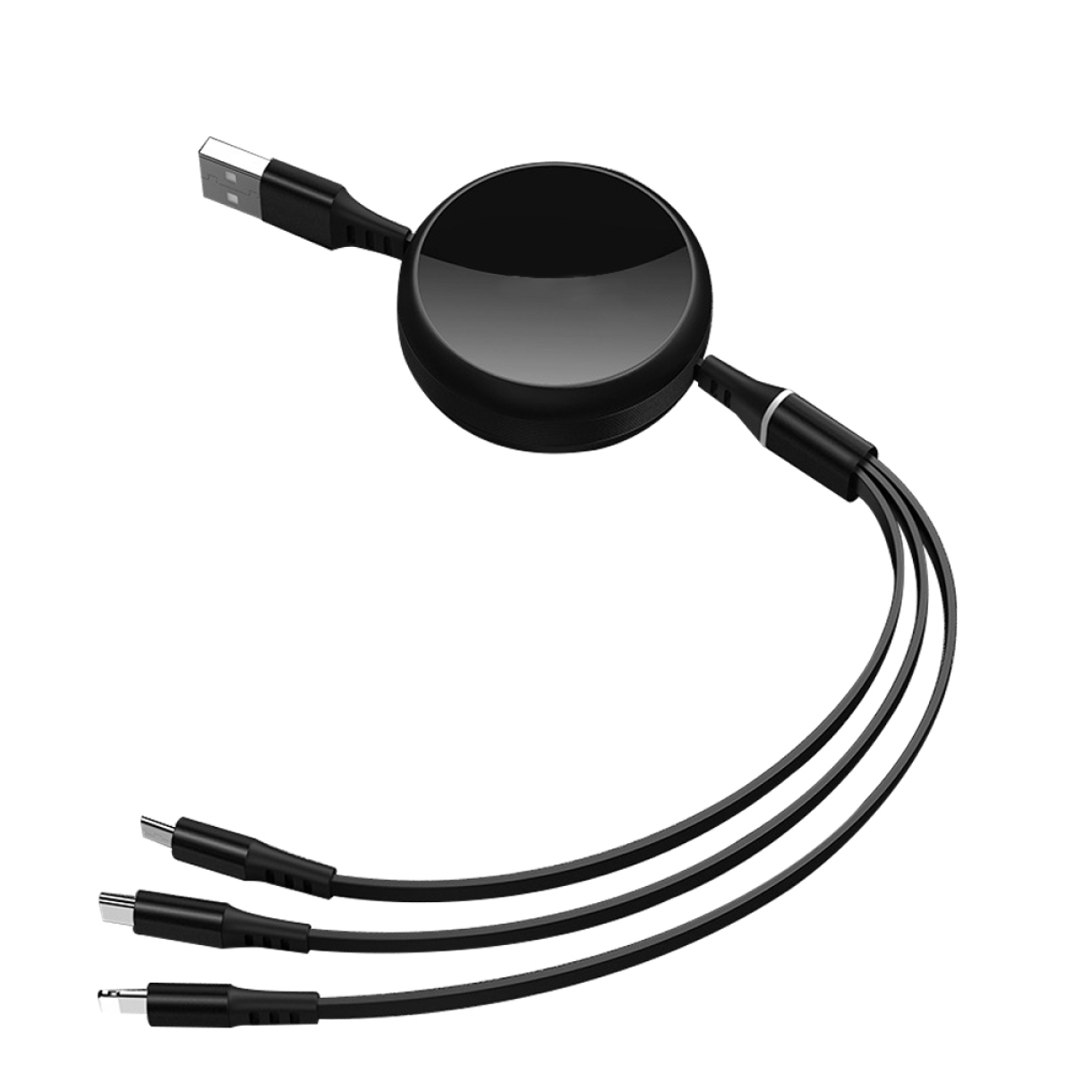 Schwarzes, einziehbares USB-Kabel. Es hat 3 Anschlüsse: USB-C, Micro-USB und Lightning.