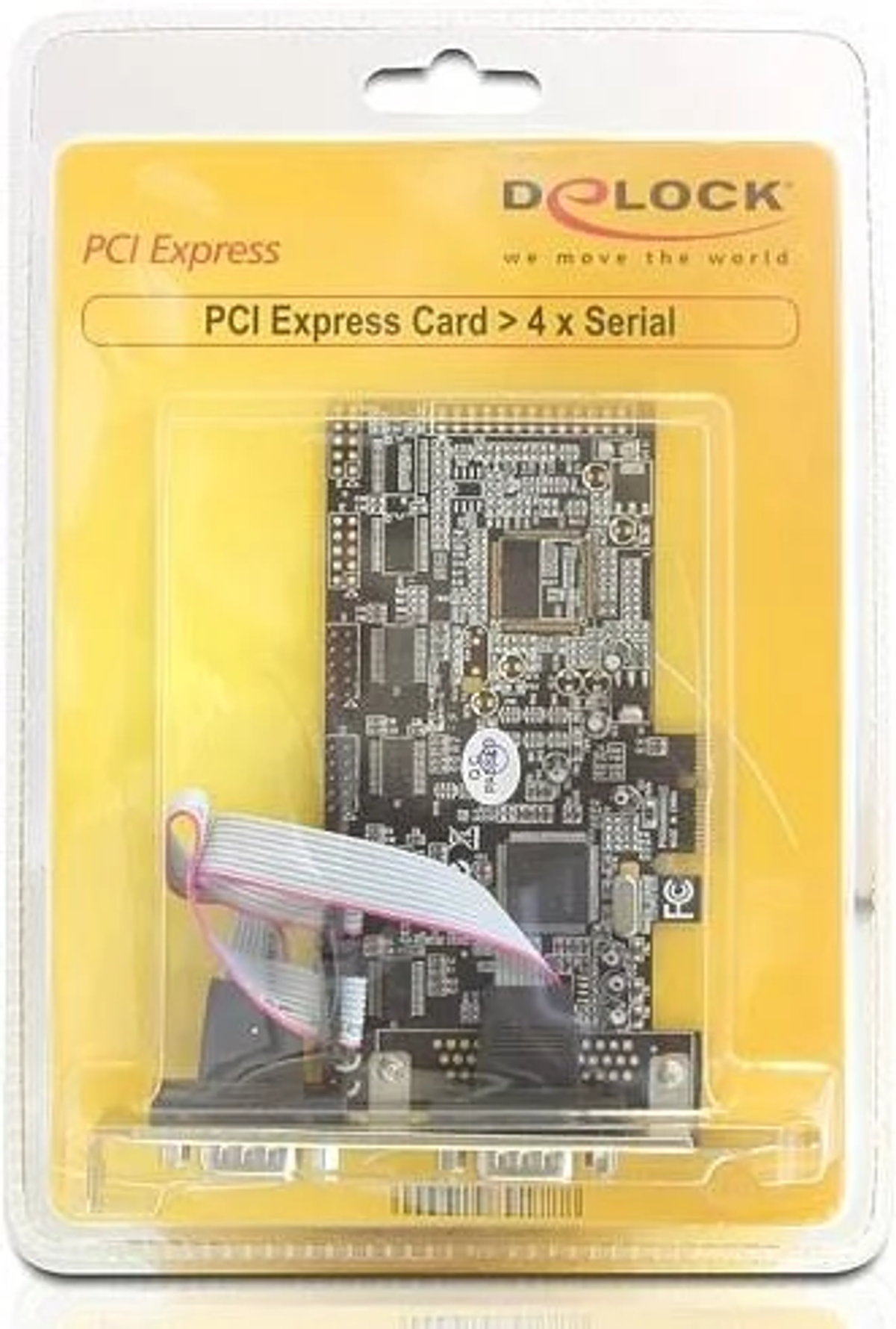 PCI Express-Karte in Kunststoffverpackung, mit elektronischen Komponenten und seriellen Ports.