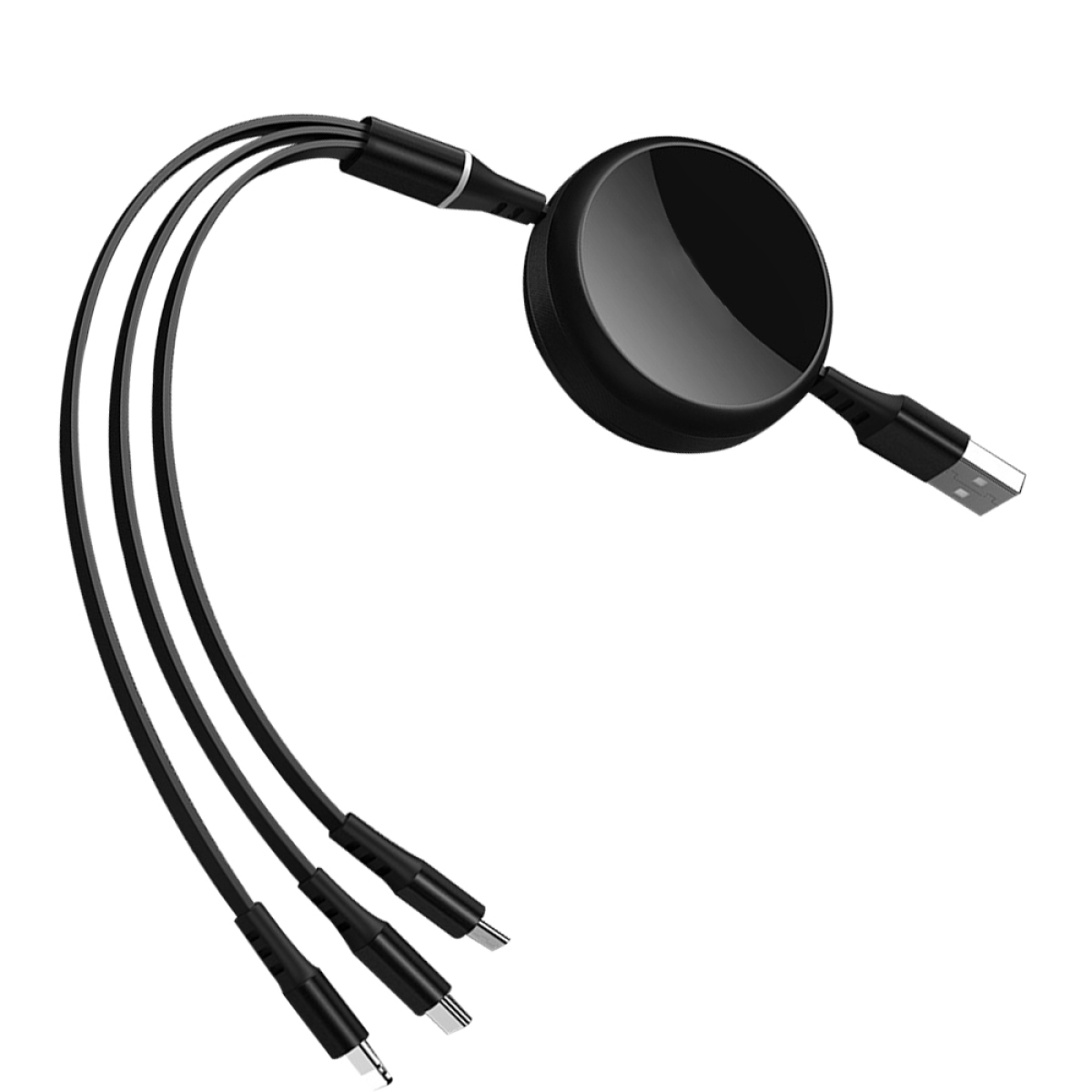 Schwarzes USB-Ladekabel mit mehreren Anschlüssen an den Enden.
