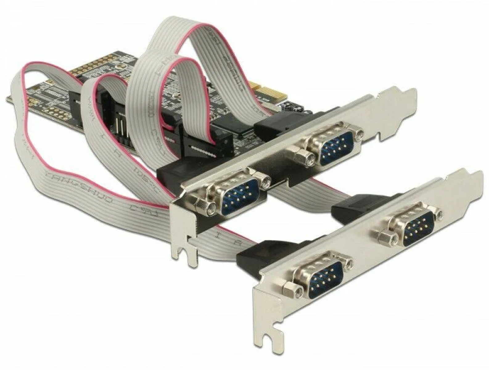 Zwei Erweiterungskarten mit seriellen Anschlüssen und Flachbandkabeln, für Computeranschluss.