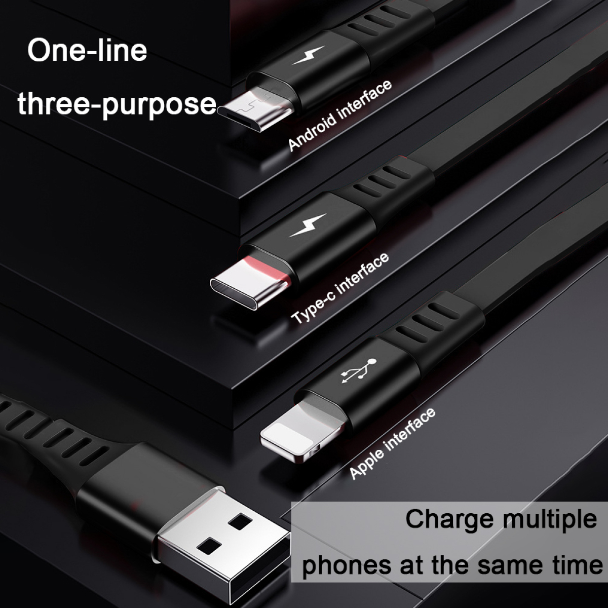 Drei Ladekabel, jedes mit unterschiedlichen Schnittstellen: USB, Typ-C und Apple.