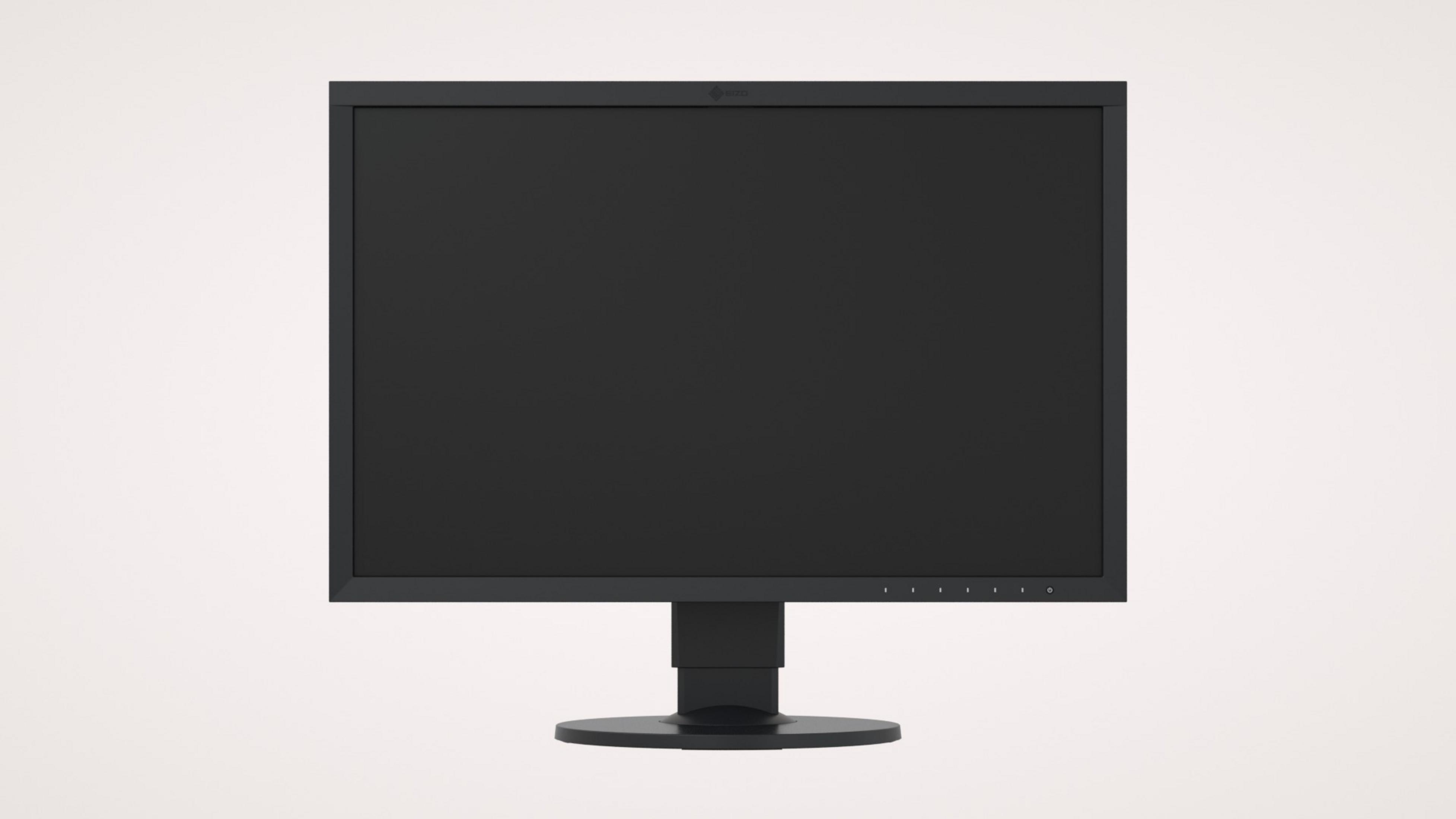 Un monitor per computer nero. Lo schermo è vuoto e il monitor è su uno sfondo chiaro.