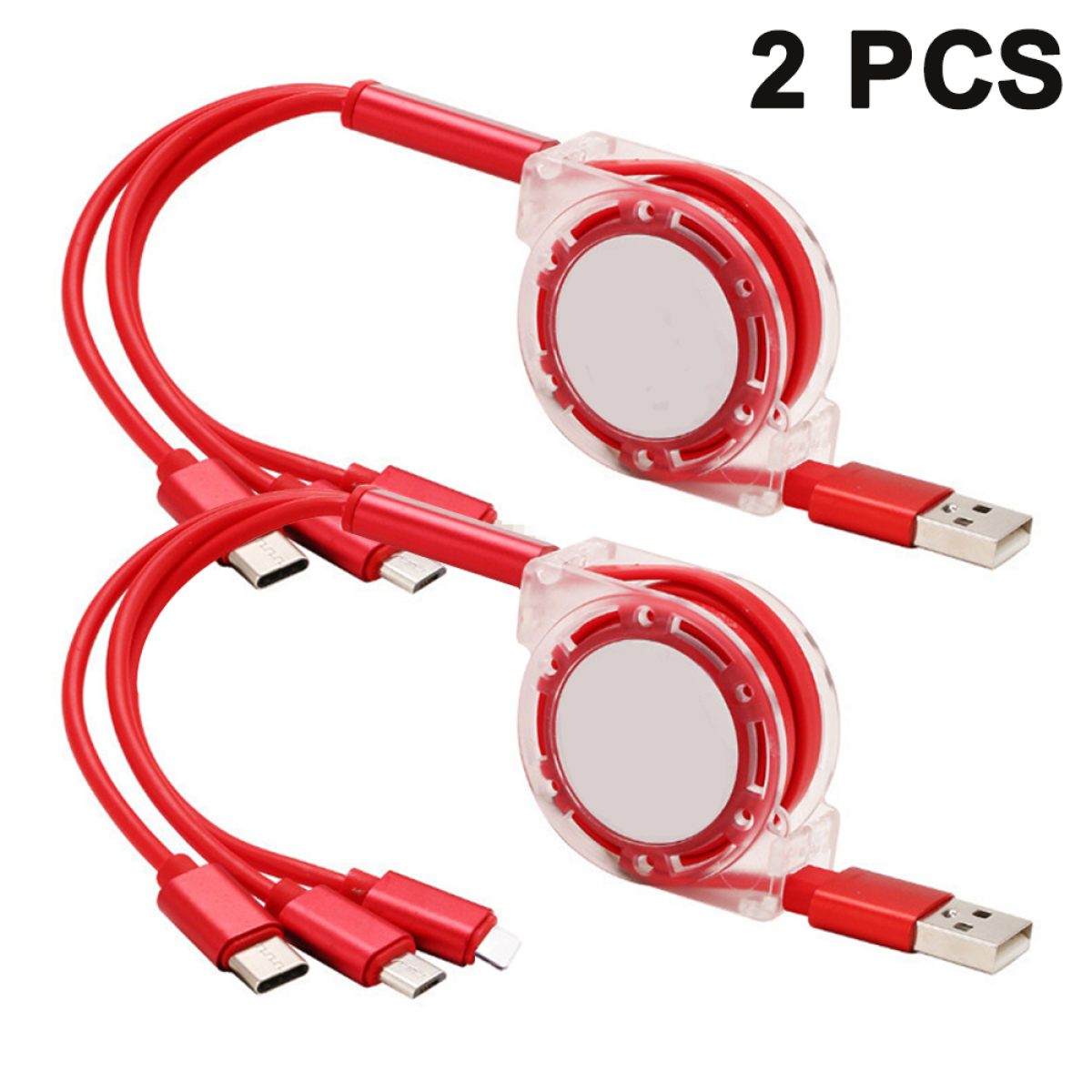 Zwei rote, einziehbare USB-Ladegeräte. Jedes hat mehrere Anschlüsse und weiße Details.