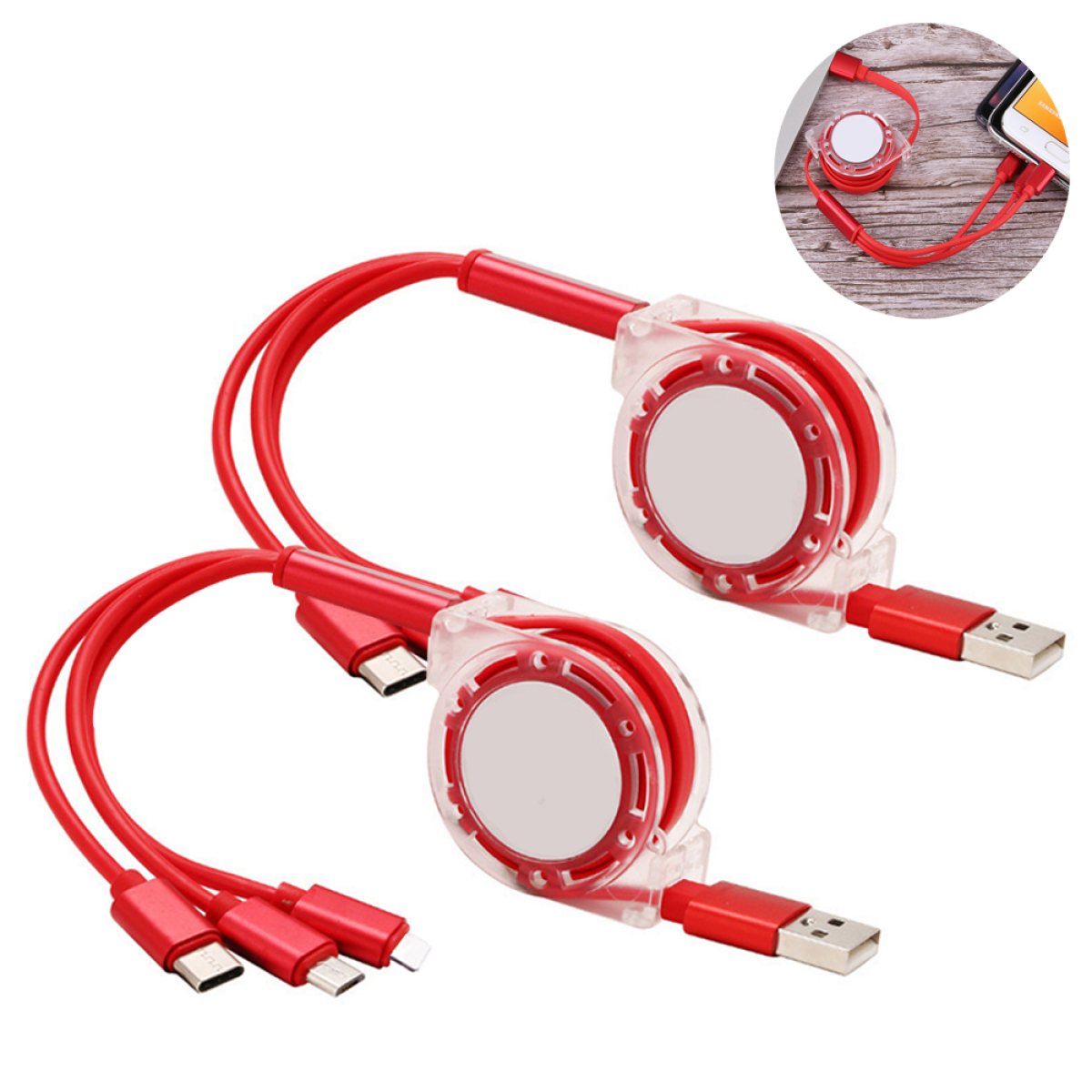 Zwei rote, einziehbare Ladekabel mit USB- und Mehrfachanschluss sind auf einer weißen Oberfläche abgebildet.