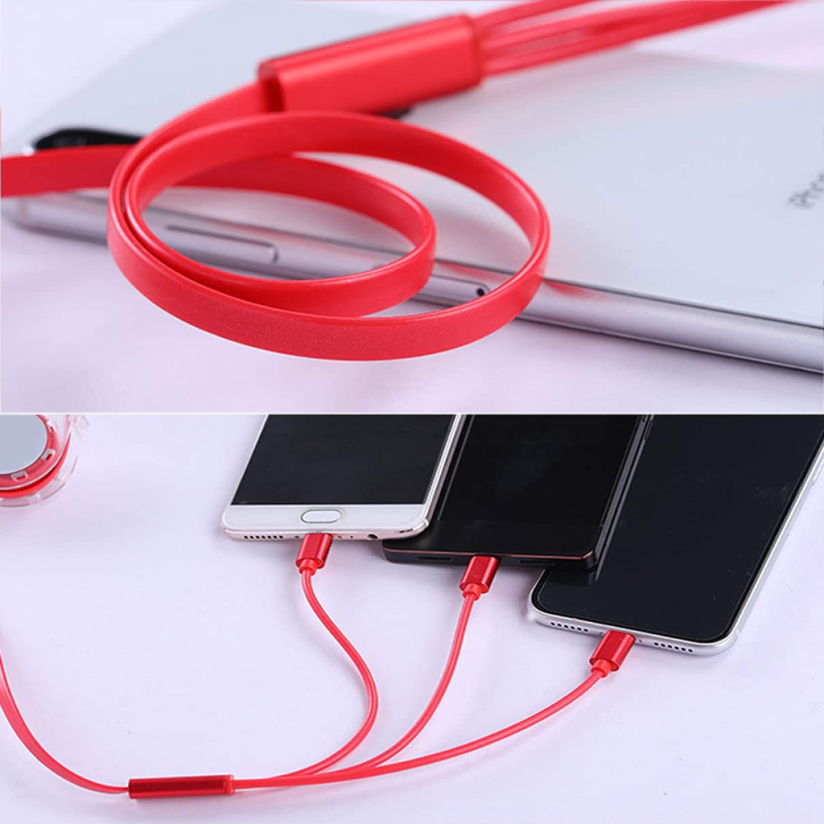 Rote Ladekabel verbinden sich mit drei Telefonen. Ein Kabel ist über den Telefonen aufgerollt.