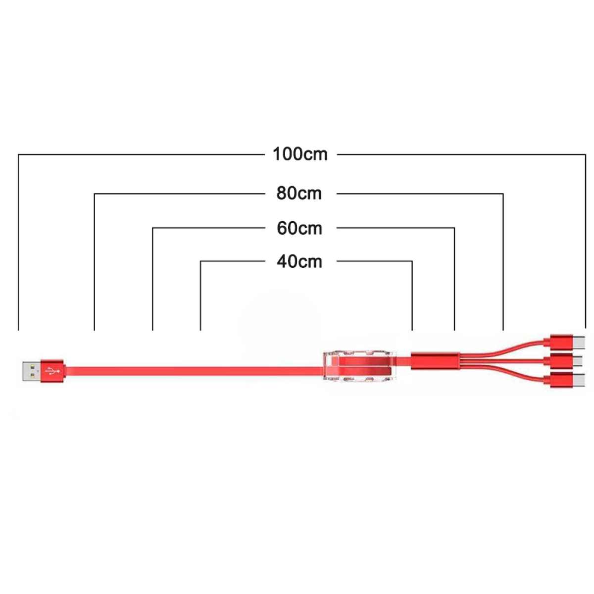 Ein rotes USB-Kabel mit Markierungen für verschiedene Längen: 40 cm, 60 cm, 80 cm und 100 cm.