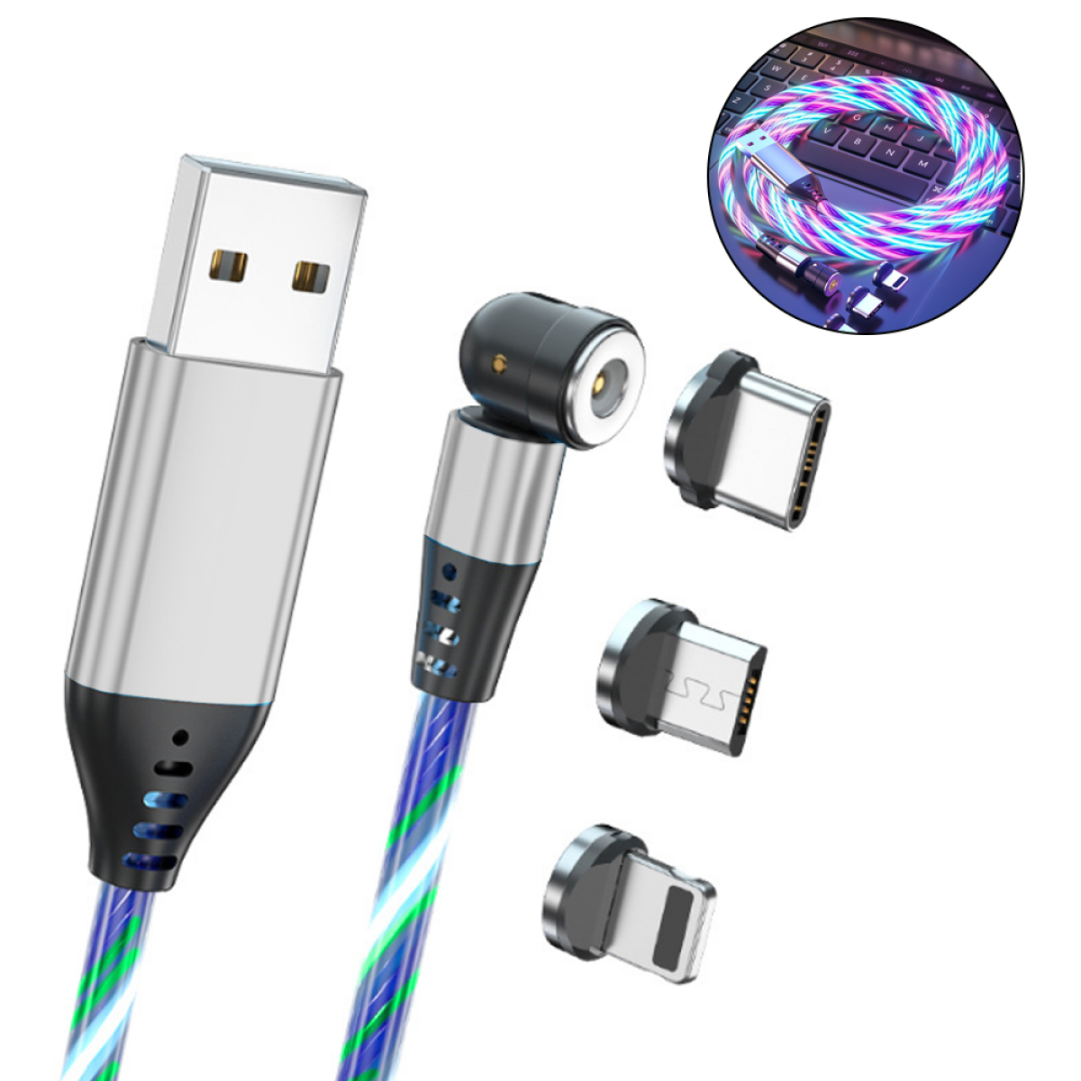 Magnetisches USB-Ladekabel mit mehreren Spitzen und LED-Leuchten. Weißer Hintergrund.