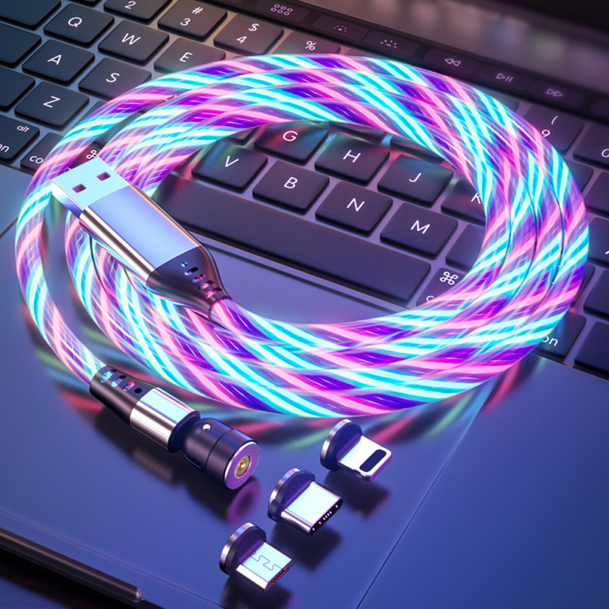 Ein USB-Ladekabel mit Leuchtdesign. Es hat mehrere magnetische Ladespitzen.