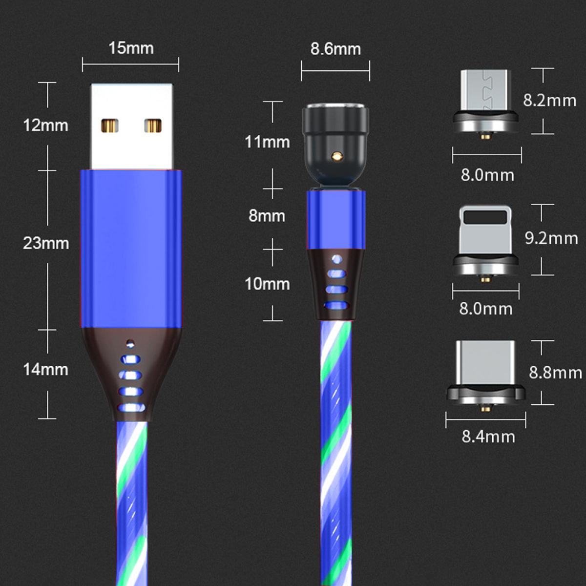 Blau-weißes USB-Kabel mit verschiedenen magnetischen Anschlüssen und Maßen.