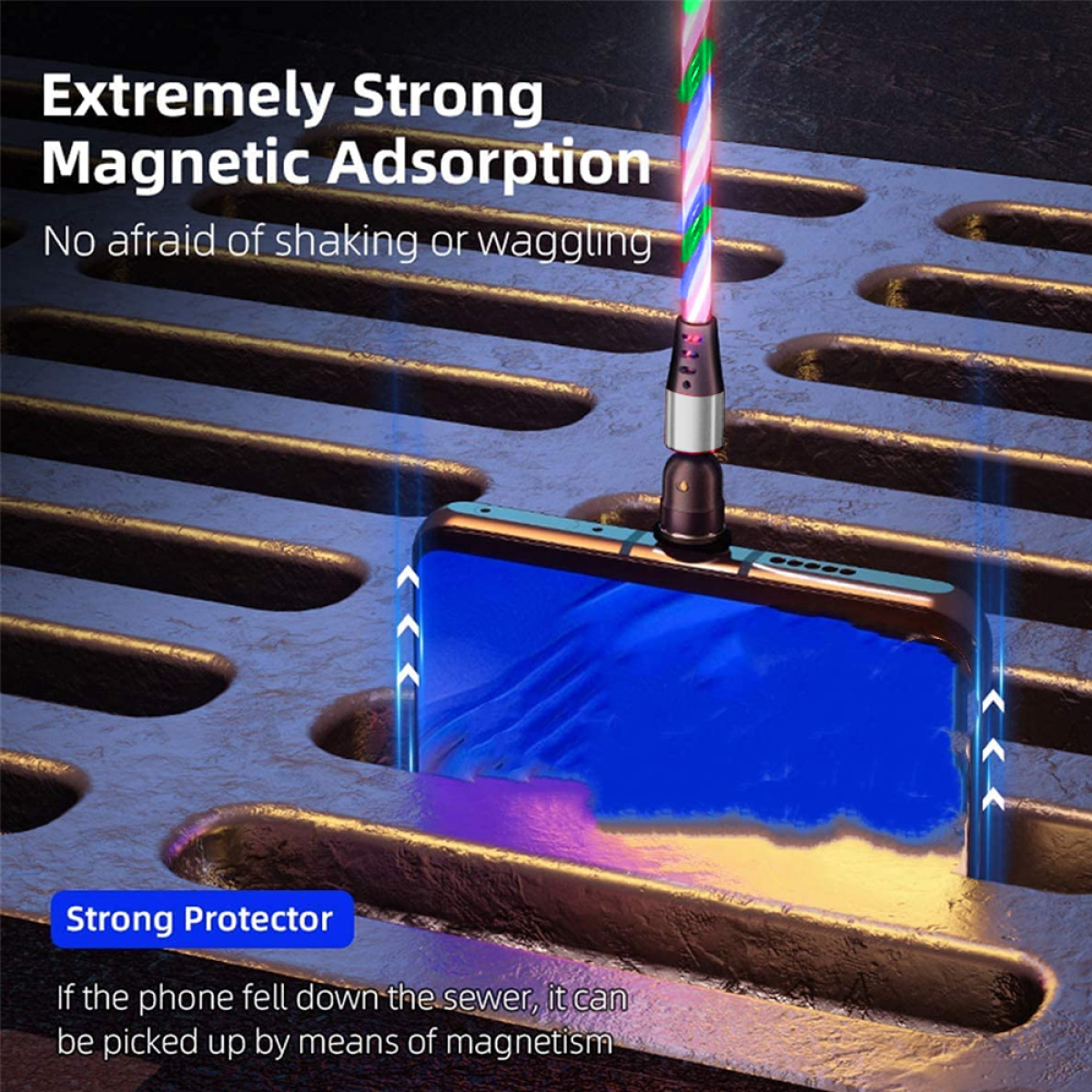 Ein Telefon ist mit einem Kabel verbunden, gehalten von einer magnetischen Kraft, in der Nähe einer Metalloberfläche mit Pfeilen.