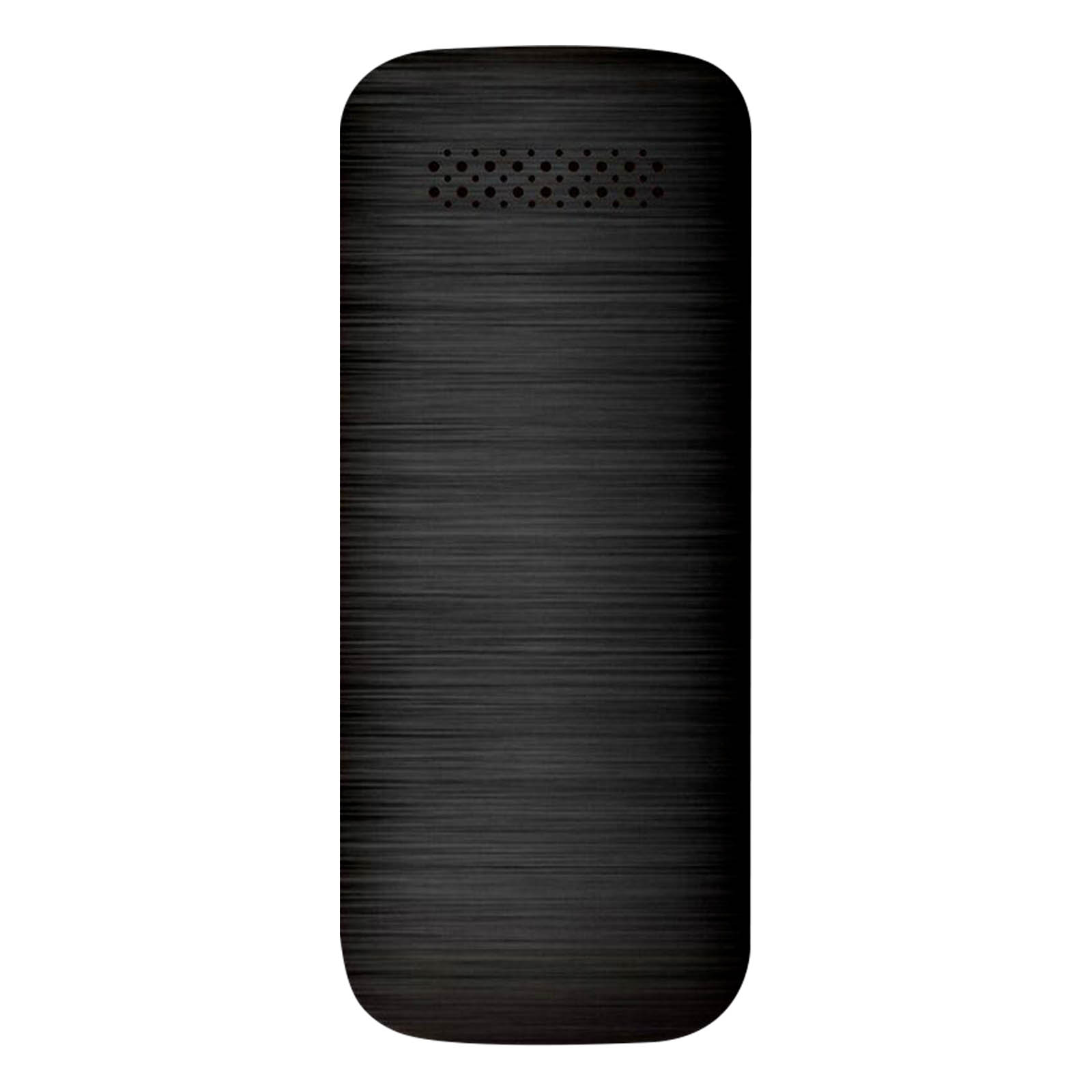 Czarny telefon z teksturowanym tyłem, przeznaczony do podstawowej komunikacji.