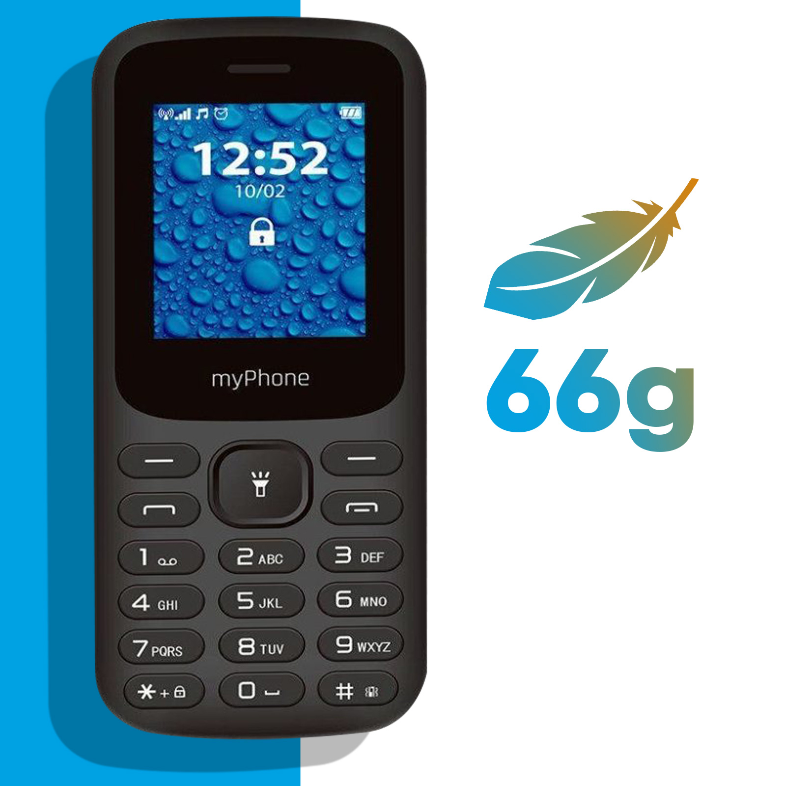 Czarny myPhone z niebieskim ekranem pokazującym godzinę i pióro o wadze 66g, na niebieskim tle.