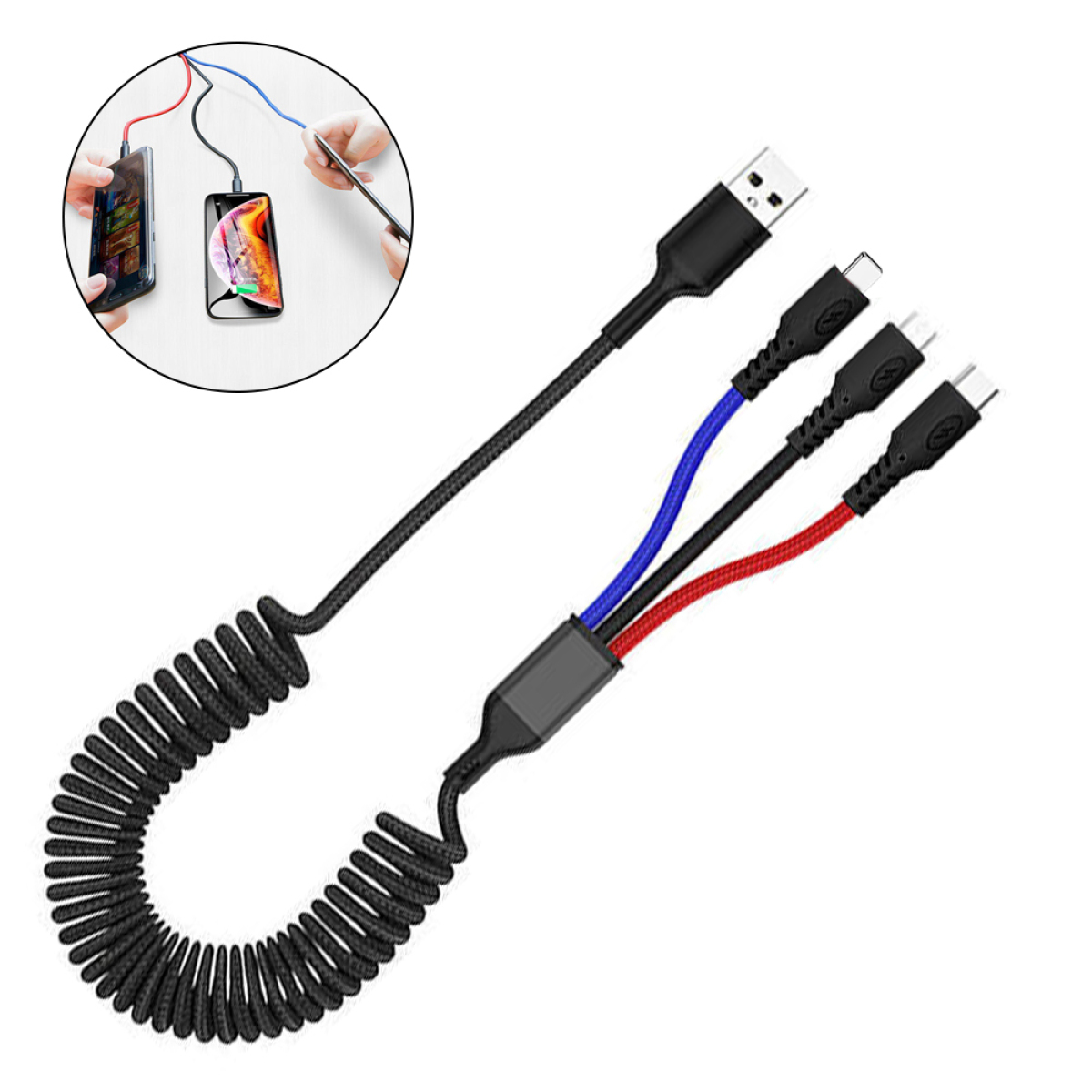 Ein Multi-Kabel-Ladegerät mit mehreren Anschlüssen. Ein Telefon, das mit einem Ladekabel verbunden ist, in einem Kreis.