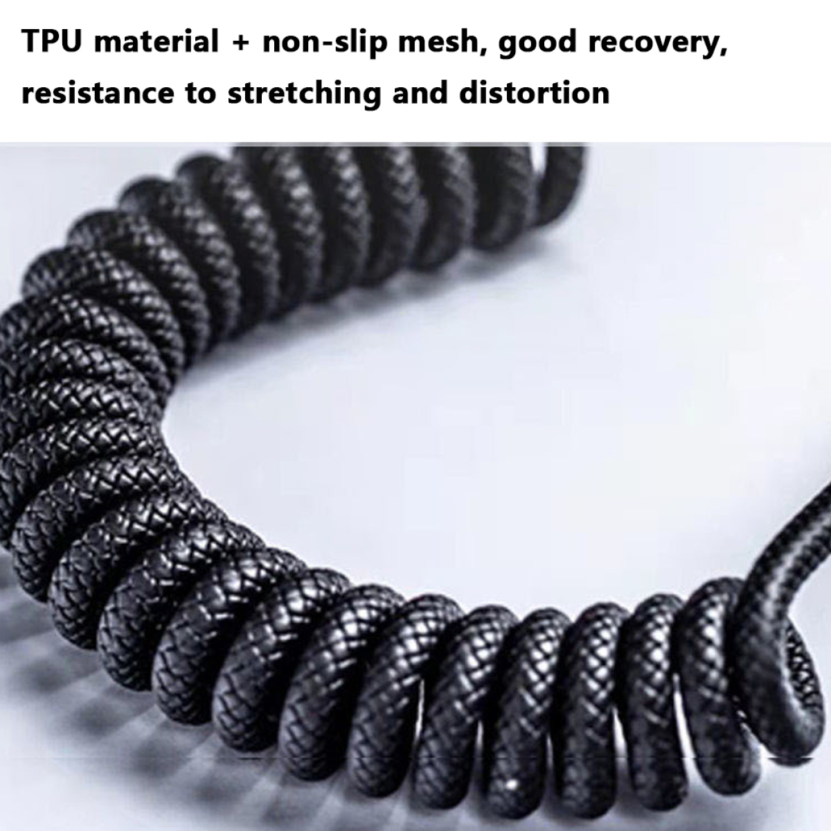 Ein schwarzes Spiralkabel wird gezeigt, mit dem Text TPU-Material + rutschfestes Mesh, gute Erholung, Dehnungsbeständigkeit.