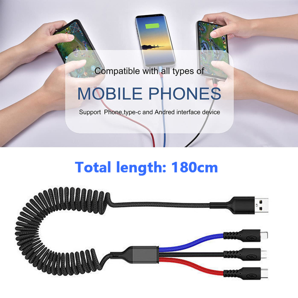 Mehrere Handys werden mit verschiedenen Kabeln aufgeladen. Textüberlagerungen: 'MOBILE PHONES'.