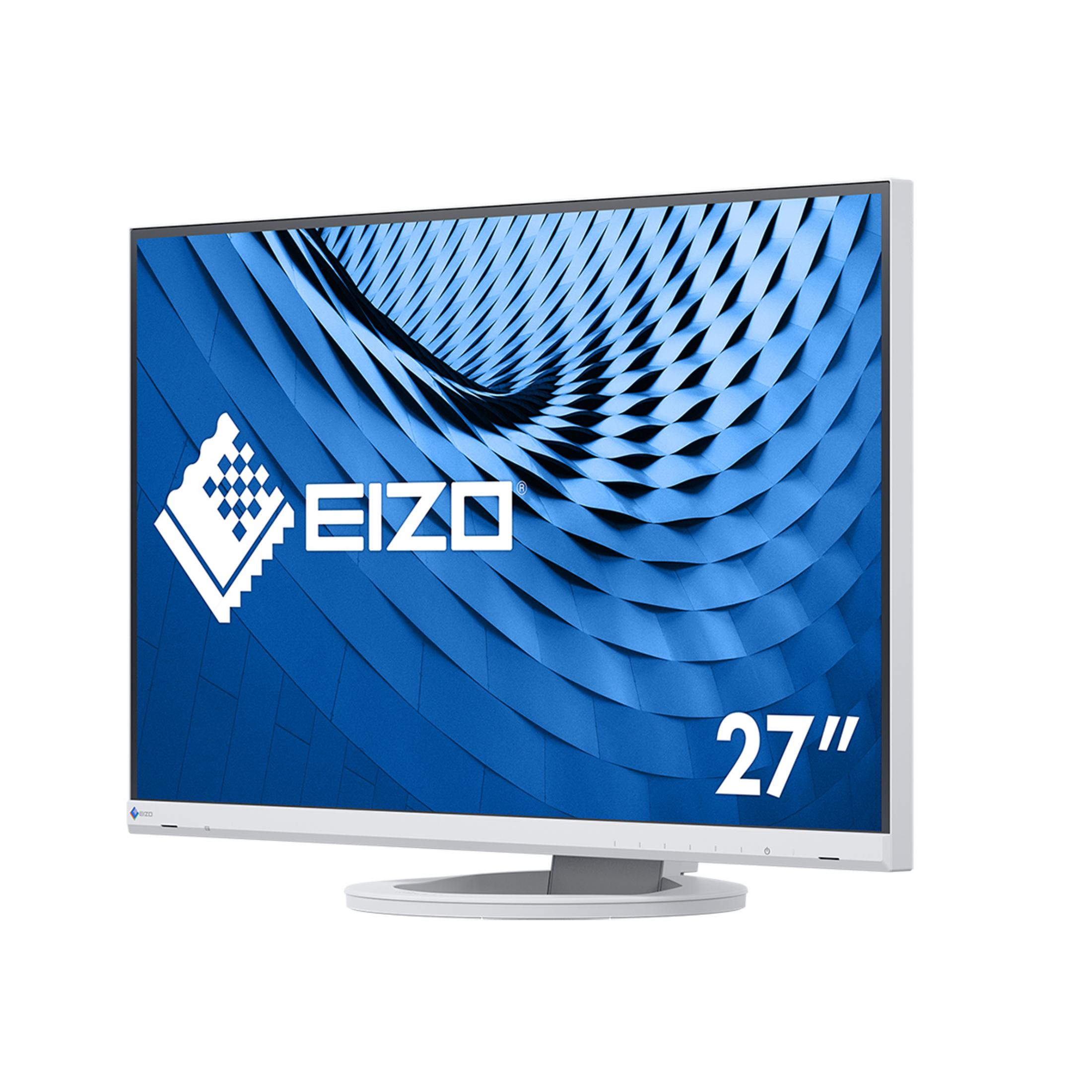 Biały monitor Eizo 27" z białą podstawą. Tło to niebieski abstrakcyjny wzór.