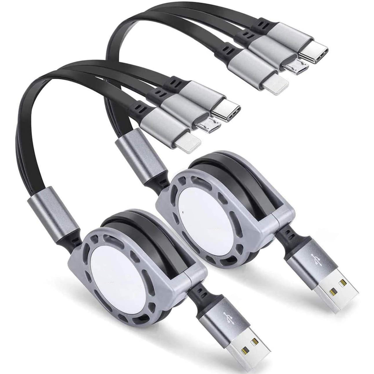 Einziehbare Ladekabel, schwarz und silber, mehrere Anschlüsse.