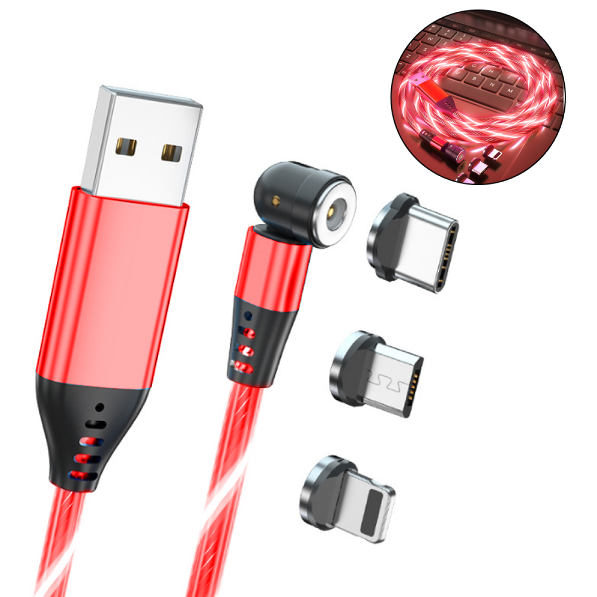 Rotes USB-Kabel mit magnetischen Spitzen und Anschlüssen.