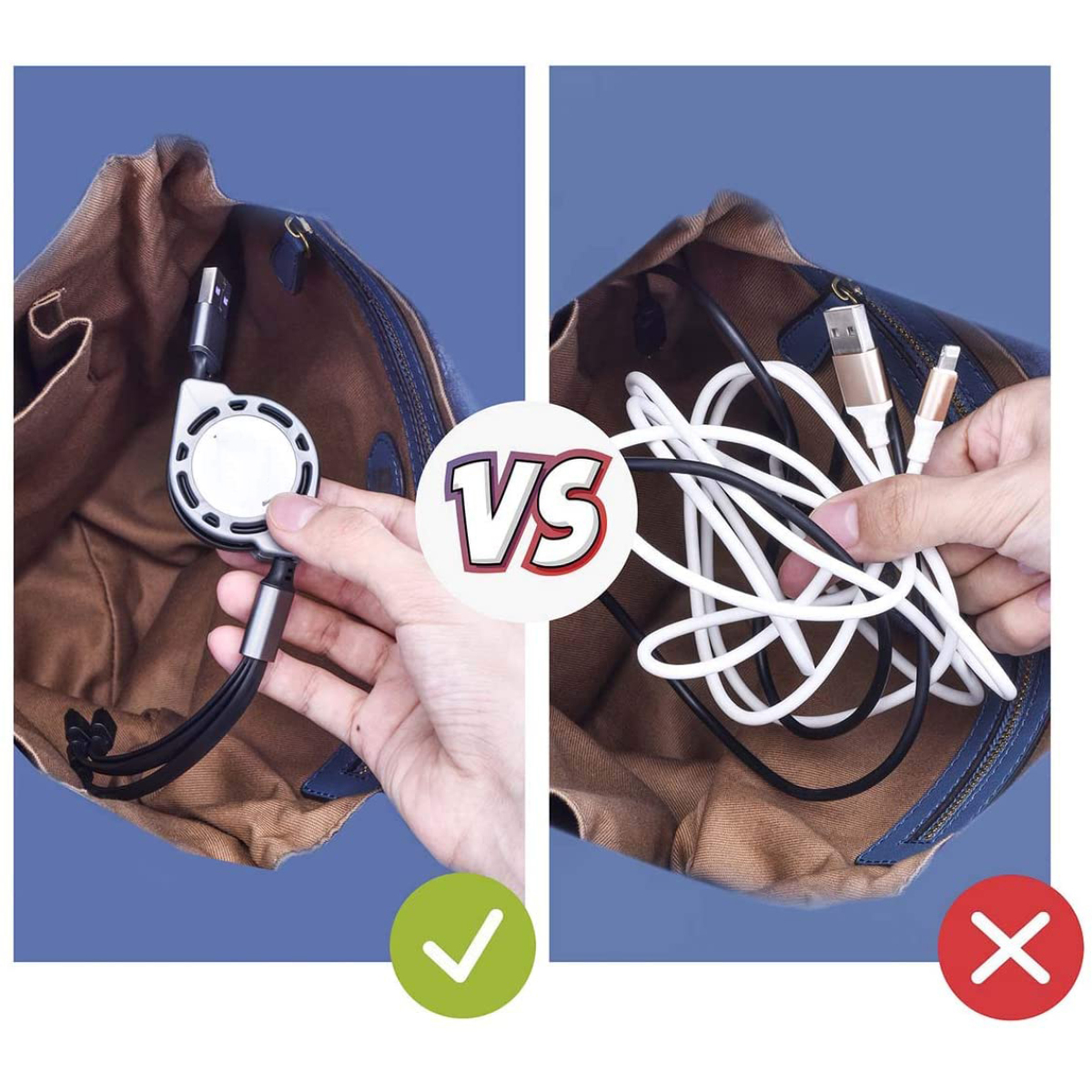 Eine Tasche mit Ladekabeln. Links ein organisiertes Kabel, rechts chaotische Kabel mit einem VS-Symbol.
