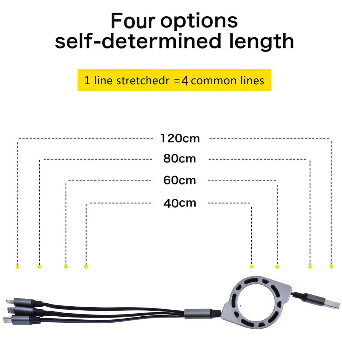 Ein einziehbares Ladekabel mit grauem, kreisförmigem Sockel und drei Anschlüssen. Der Hintergrund ist weiß.