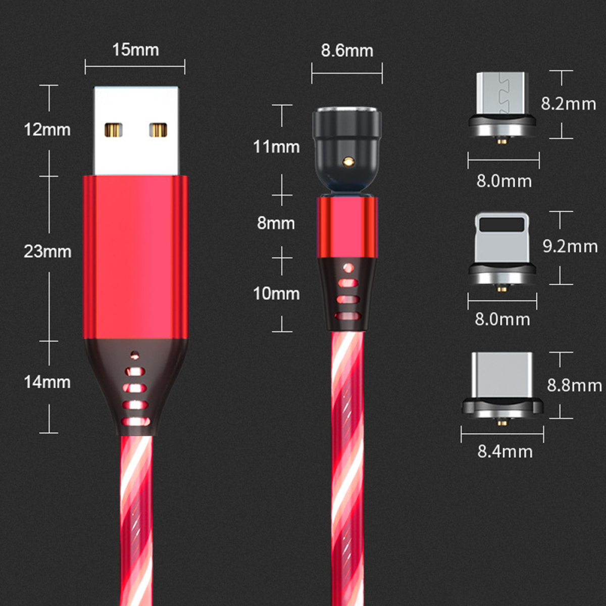 Rot-weiß gestreiftes Ladekabel mit mehreren Anschlussköpfen, das die Abmessungen in mm zeigt.