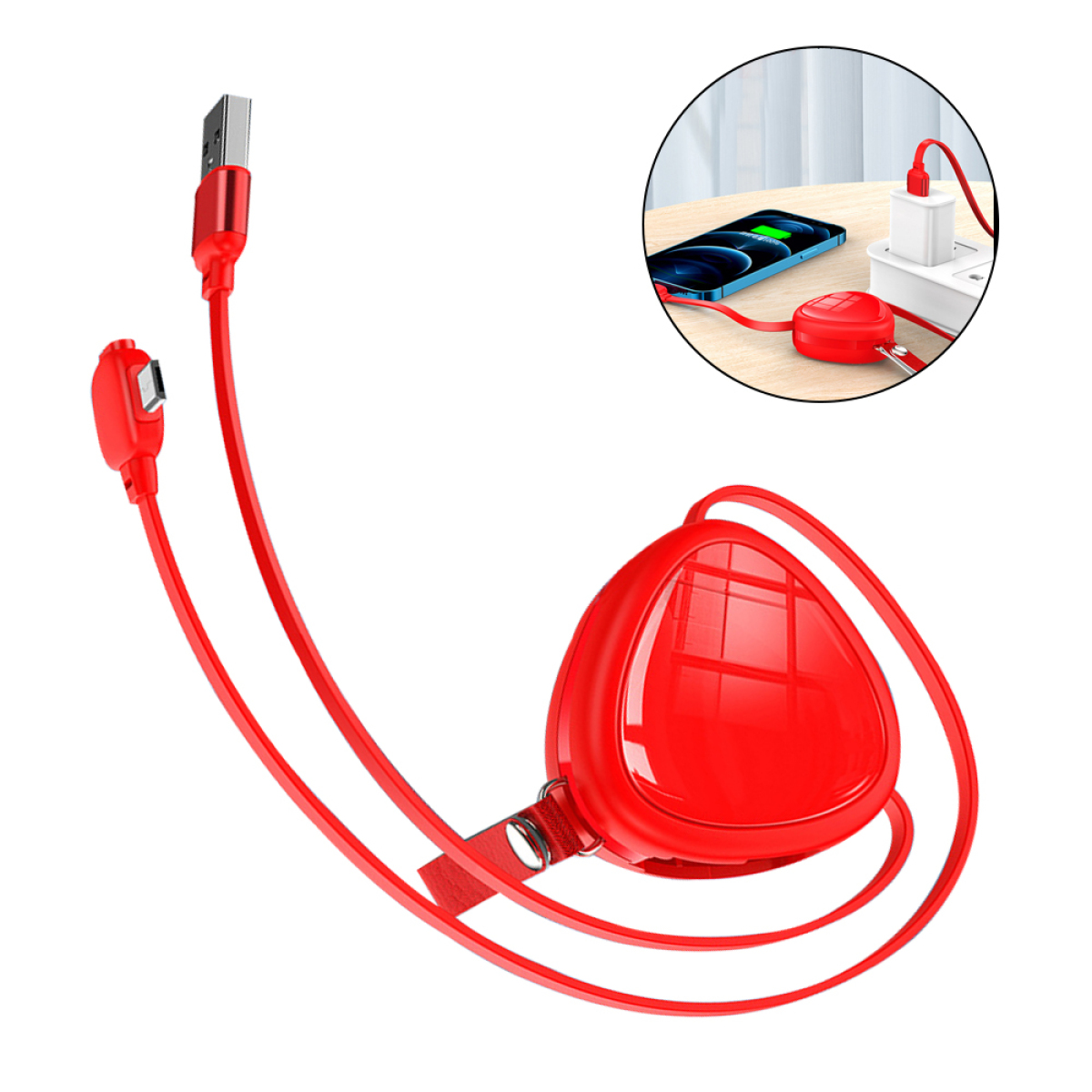 Ein rotes, einziehbares USB-Ladekabel mit einem USB-A- und einem USB-C-Anschluss.