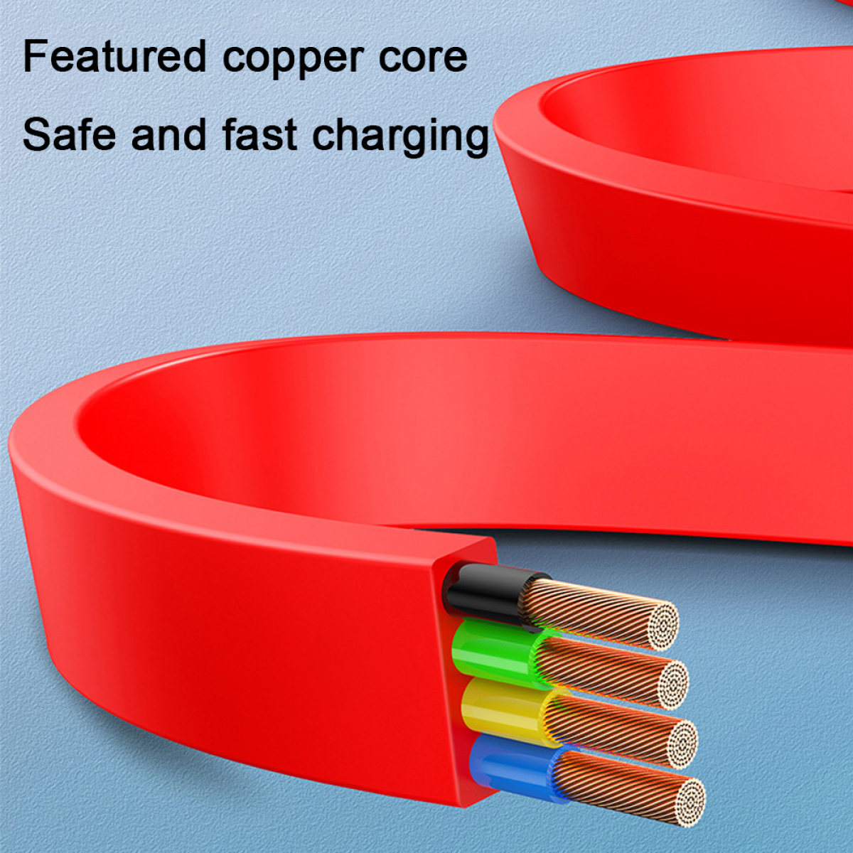 Rotes USB-Kabel mit freiliegenden Kupferdrähten und Text. Das Kabel hat mehrere farbige Drähte.