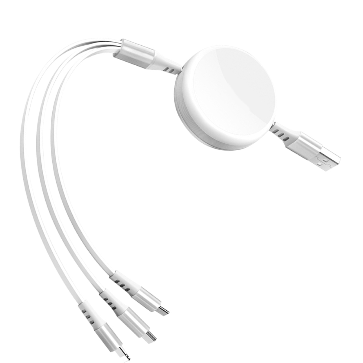 Weißes, einziehbares Ladekabel mit drei verschiedenen Anschlüssen: USB, Micro-USB und Lightning.