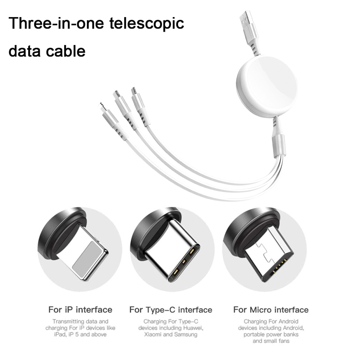 Weißes und graues Drei-in-Eins-Teleskop-Datenkabel mit drei verschiedenen Anschlüssen.