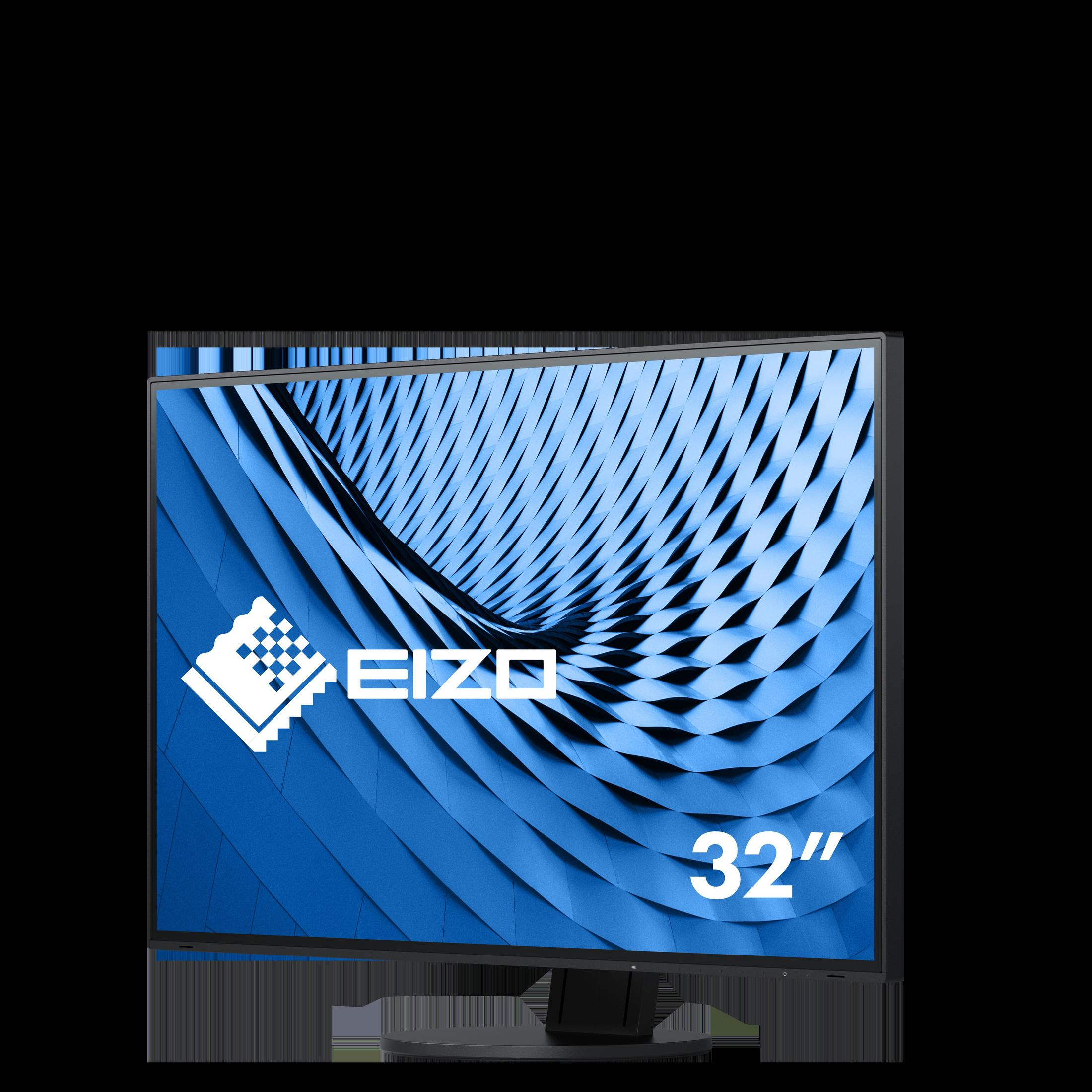 Duży monitor z niebieskim abstrakcyjnym tłem, logo EIZO i tekstem '32"' na czarnym tle.