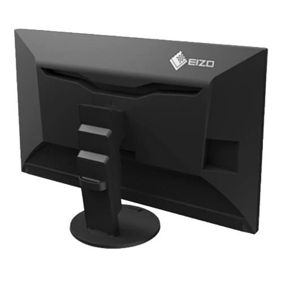 Widok z tyłu czarnego monitora komputerowego z logo EIZO, podstawką i prostokątnym otworem.