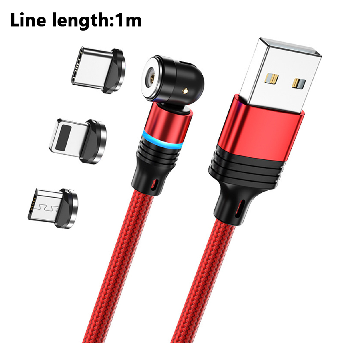 Rotes USB-Kabel mit mehreren Adapterspitzen, rotem Kabel und USB-Anschluss.
